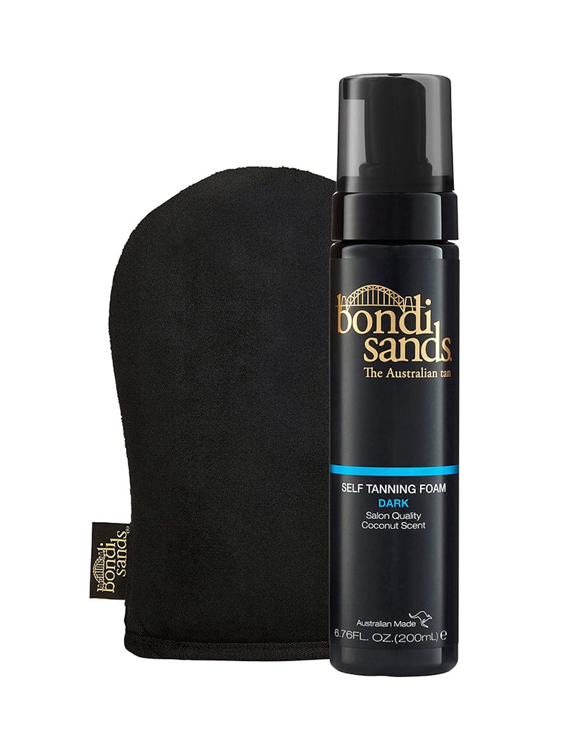 Bondi Sands dark self tanning foam bottle with easy-dispense design for quick, even application.
