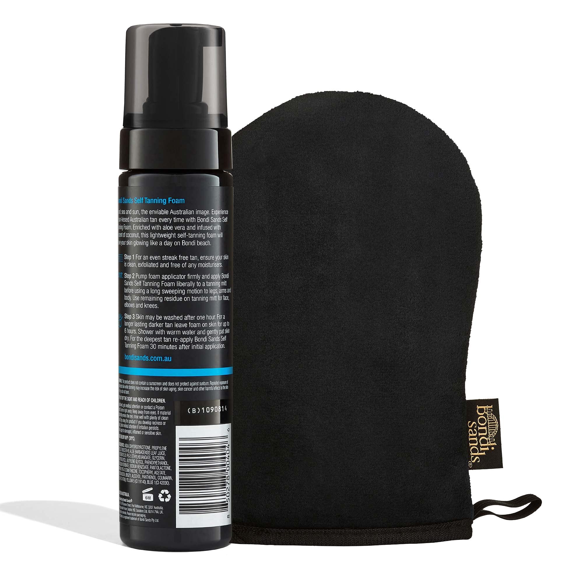 Bondi Sands double-sided application mitt facilitates streak-free blending and stain-free hands.