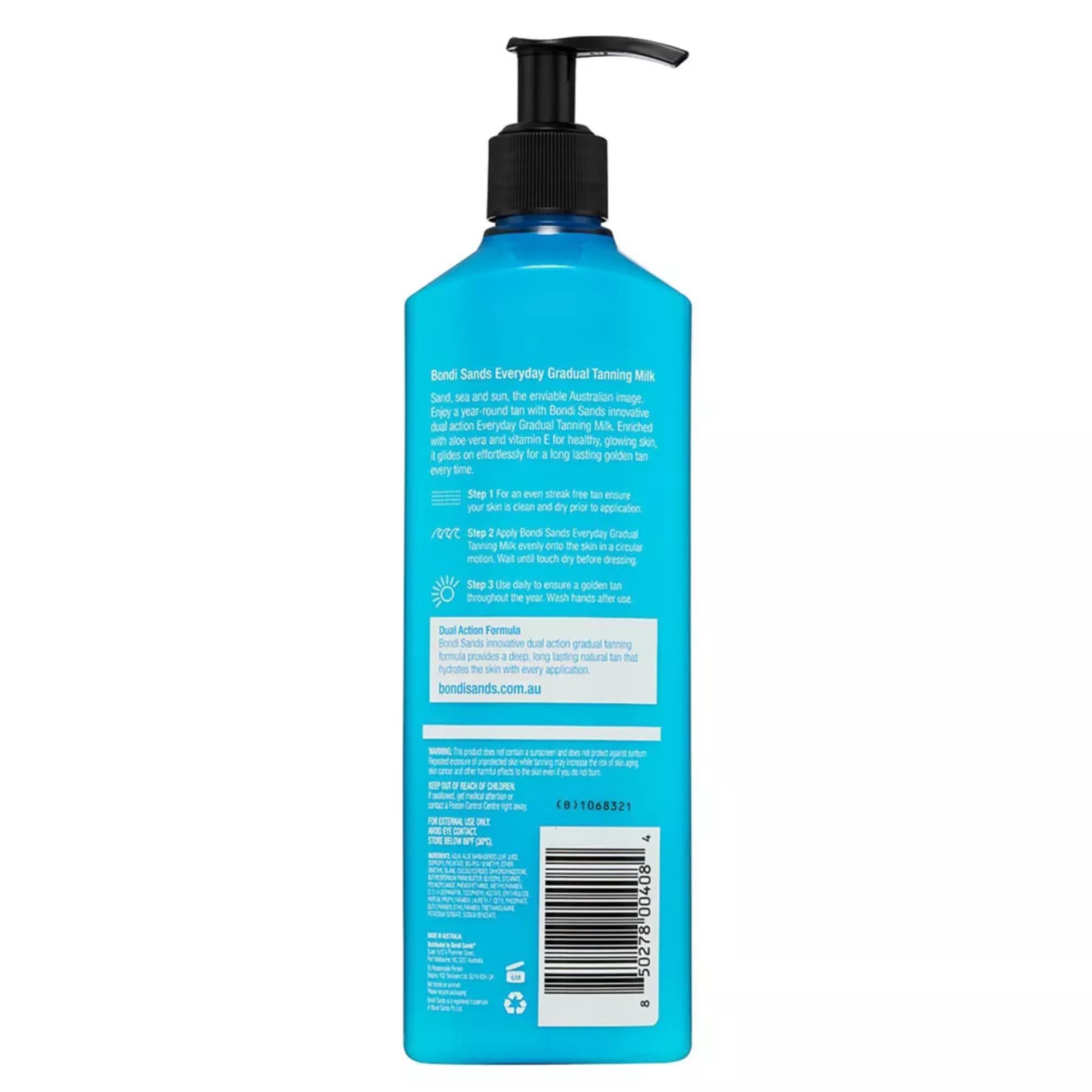 Bondi Sands Everyday Gradual Tanning Milk contains aloe vera and vitamin E for skin care.