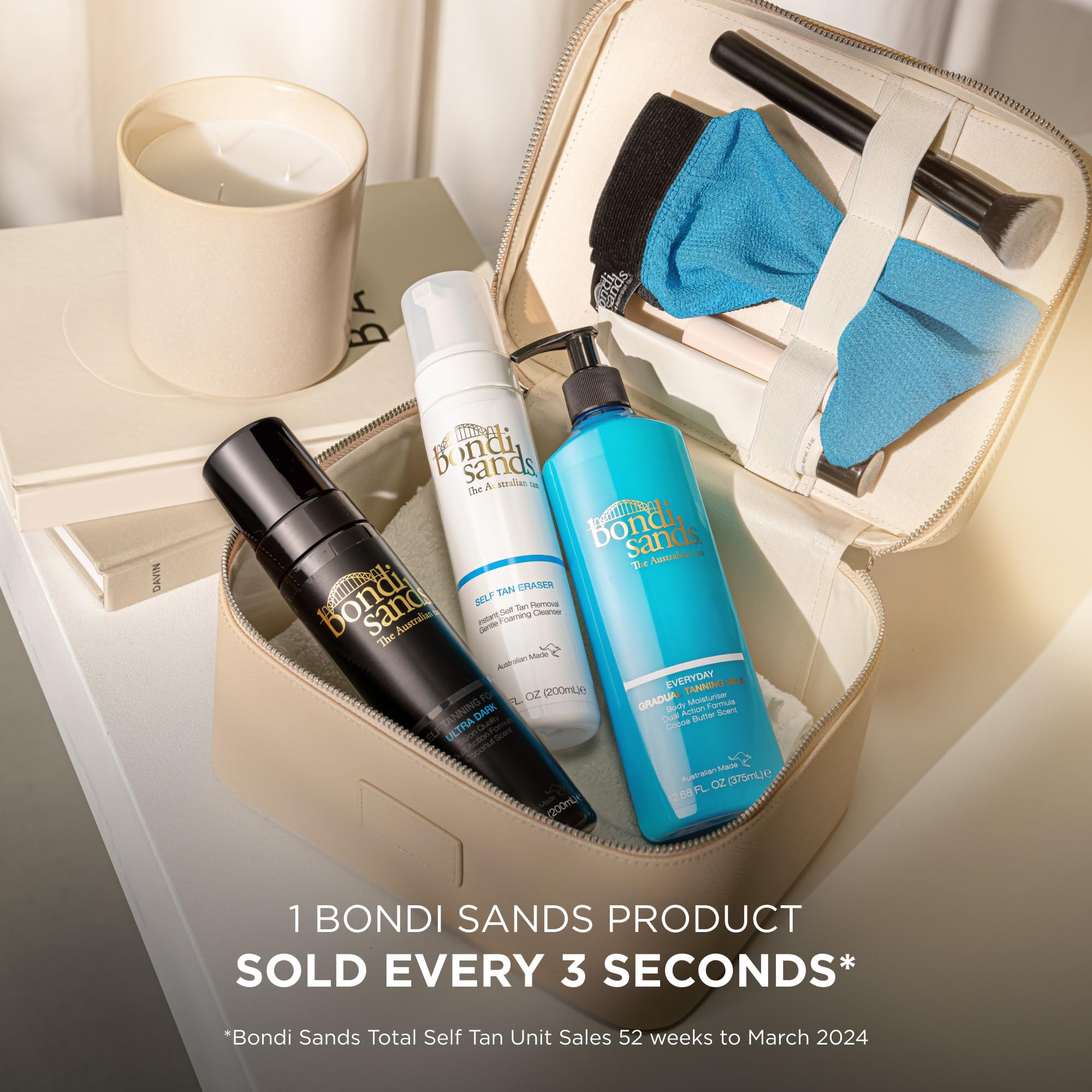 Bondi Sands Everyday Gradual Tanning Milk applied to hands, elbows, knees for even tone.