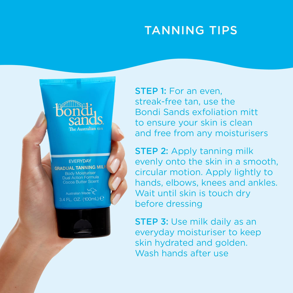 Bondi Sands Everyday Gradual Tanning Milk packaging on display as year-round tan option.