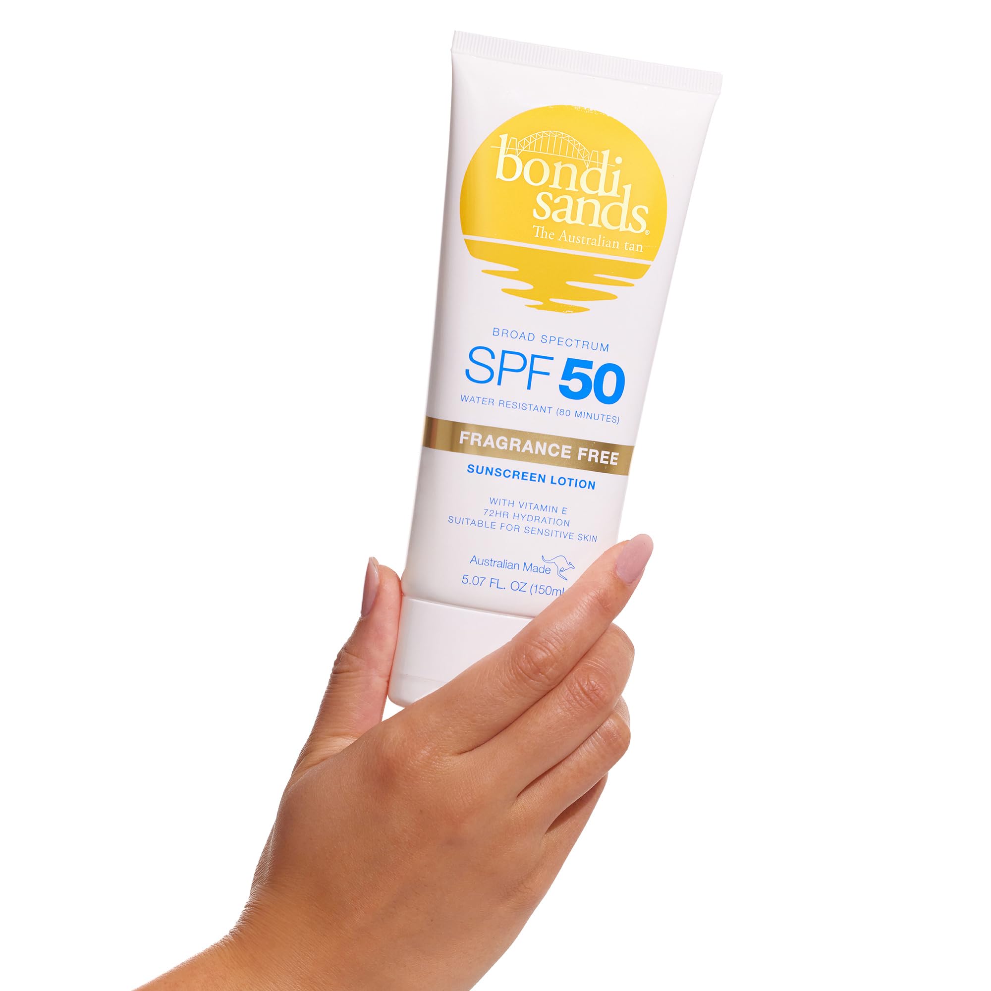 Bondi Sands fragrance-free sunscreen lotion spread on skin for a sheer, non-greasy finish.