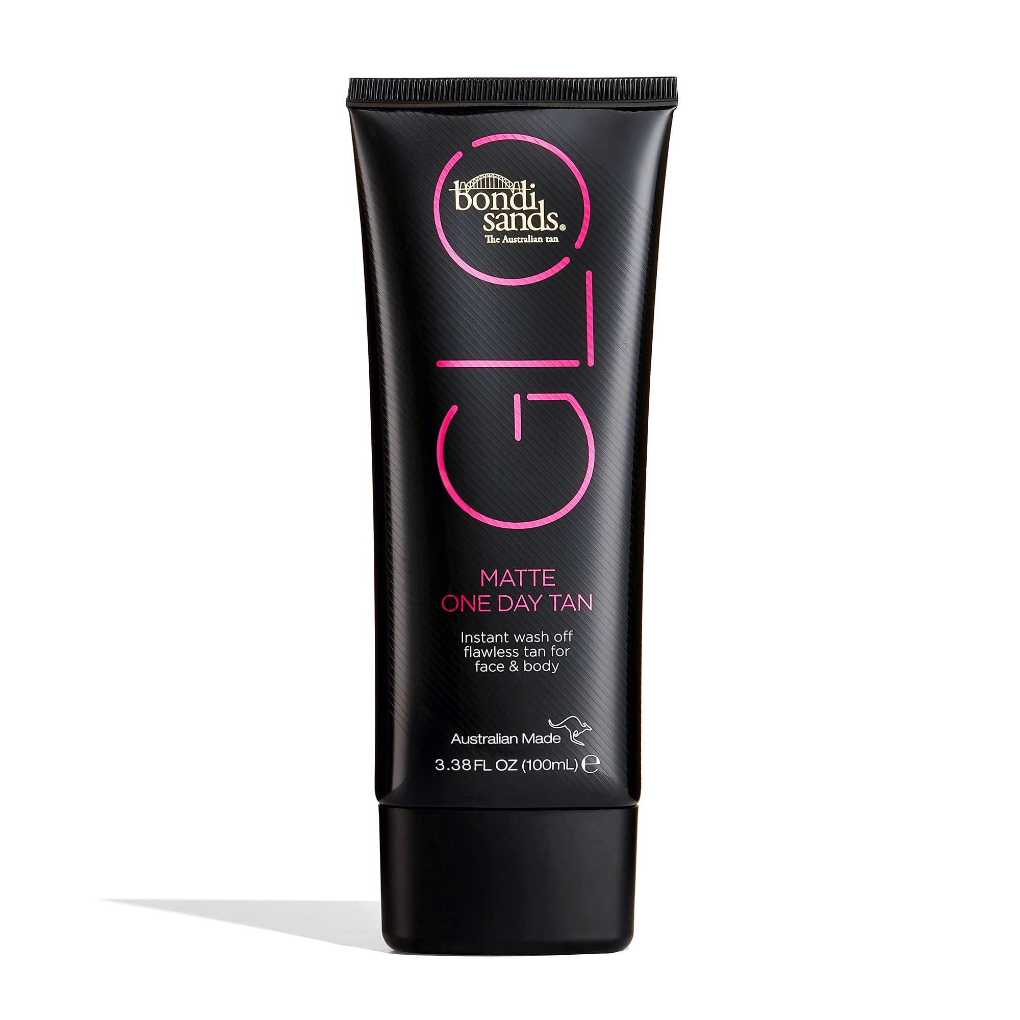 Bondi Sands GLO Matte One Day Tan bottle with pump showing smooth bronze application.