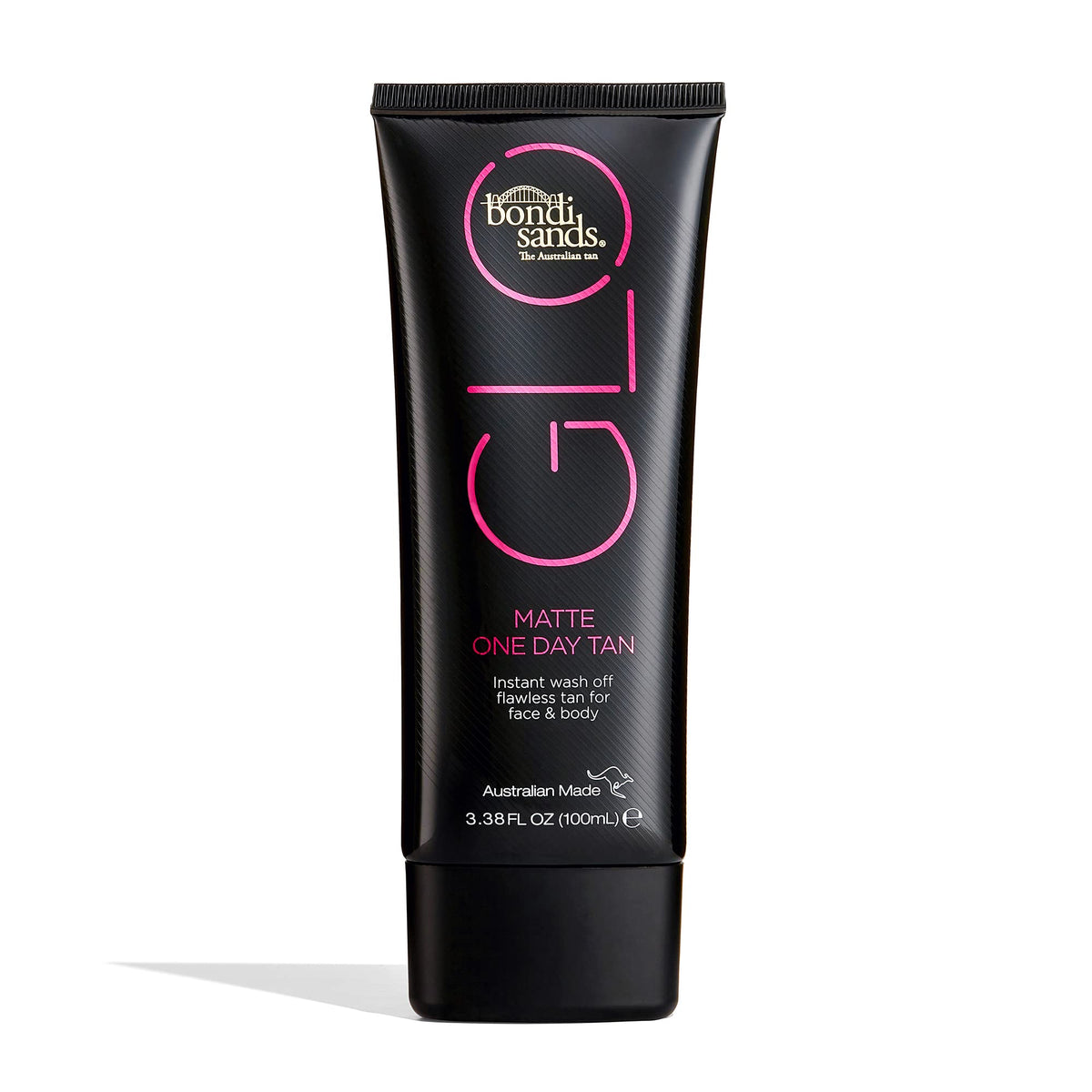 Bondi Sands GLO Matte One Day Tan bottle with pump showing smooth bronze application.