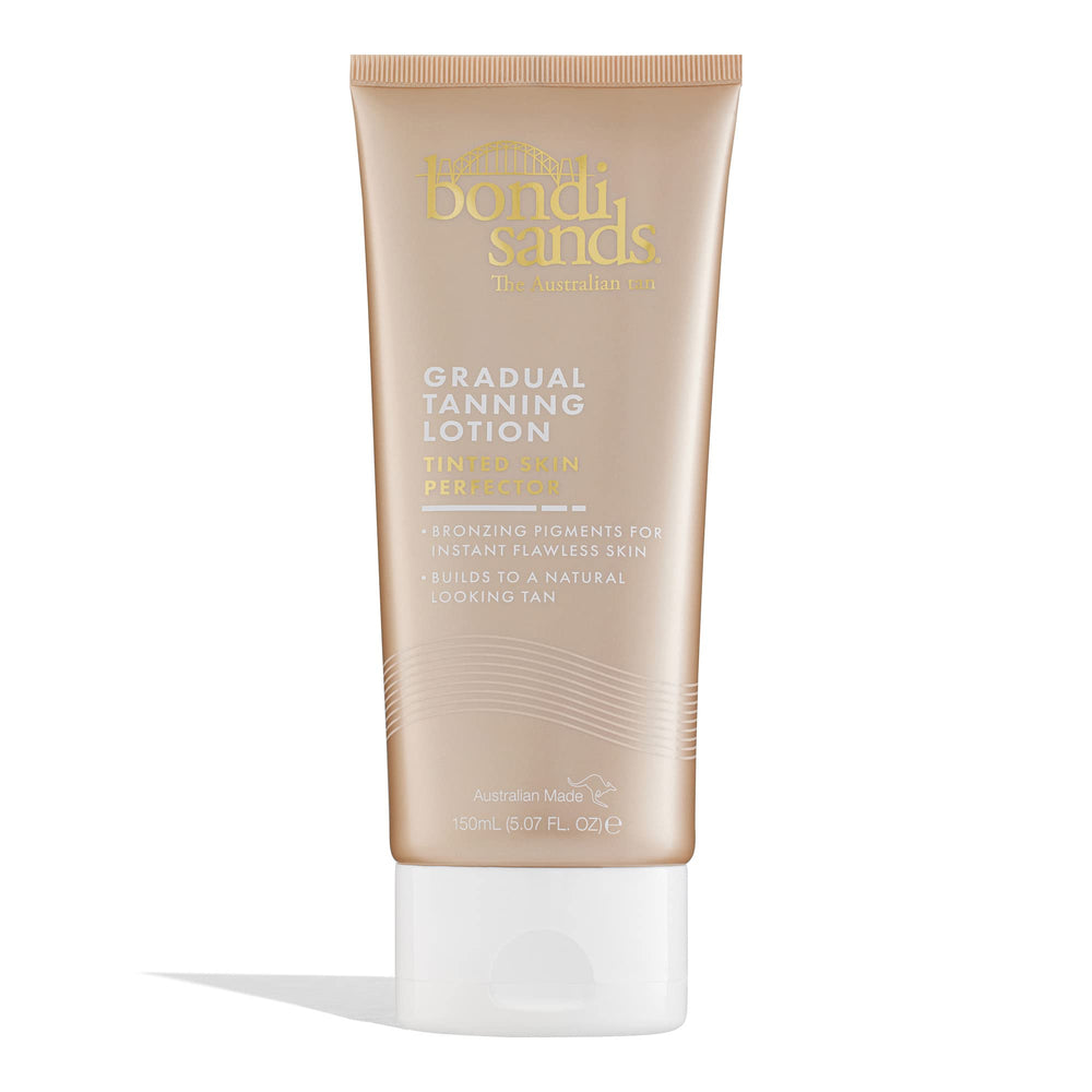 Bondi Sands Gradual Tanning Lotion bottle demonstrates hydrating formula for a natural-looking glow.