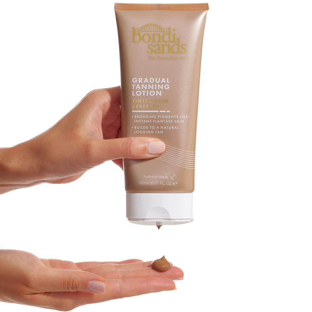 Bondi Sands Gradual Tanning Lotion tinted skin perfector swirls bronzing pigments for sun-kissed color.