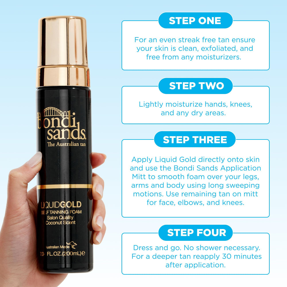 Even tan coverage across body areas with Liquid Gold foam