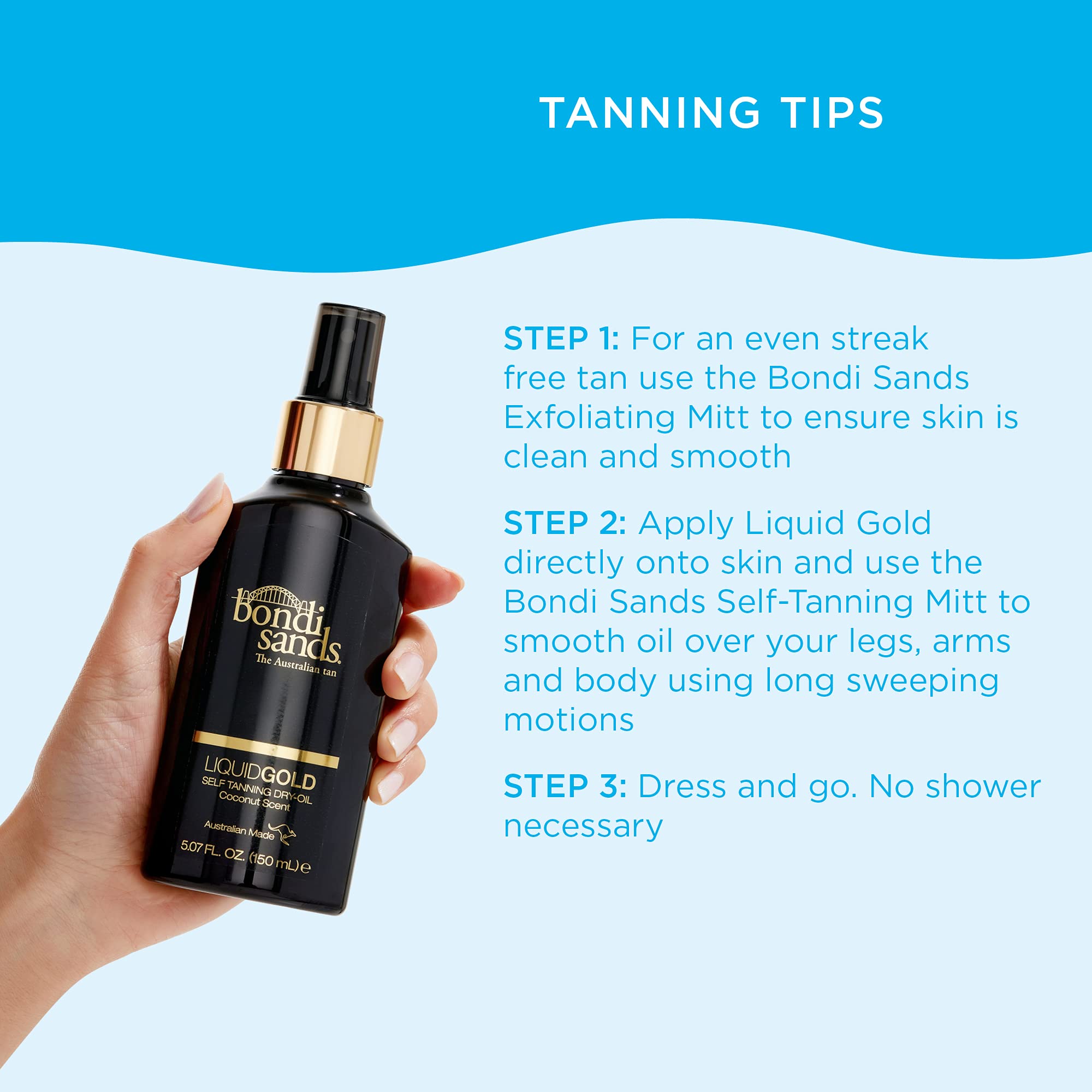 Bondi Sands Liquid Gold packaging shown as travel-friendly 5.07 oz bottle.