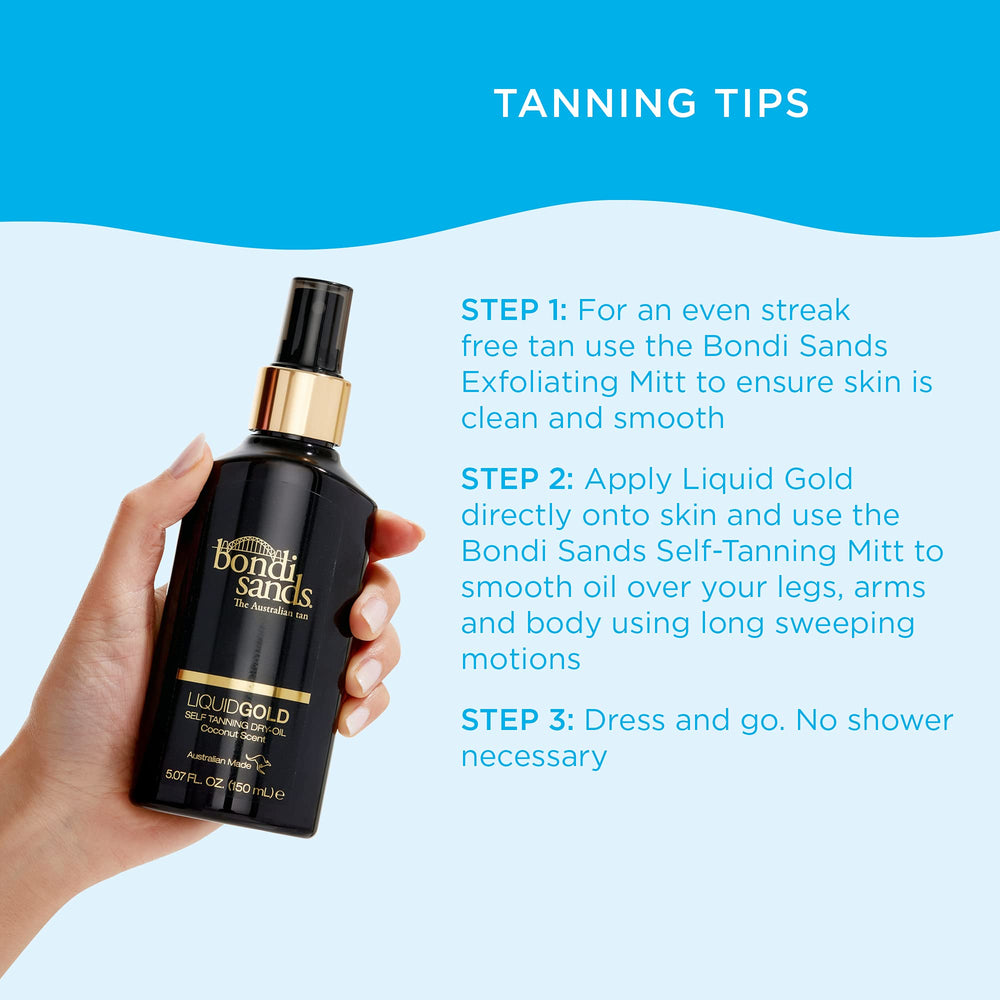 Bondi Sands Liquid Gold packaging shown as travel-friendly 5.07 oz bottle.