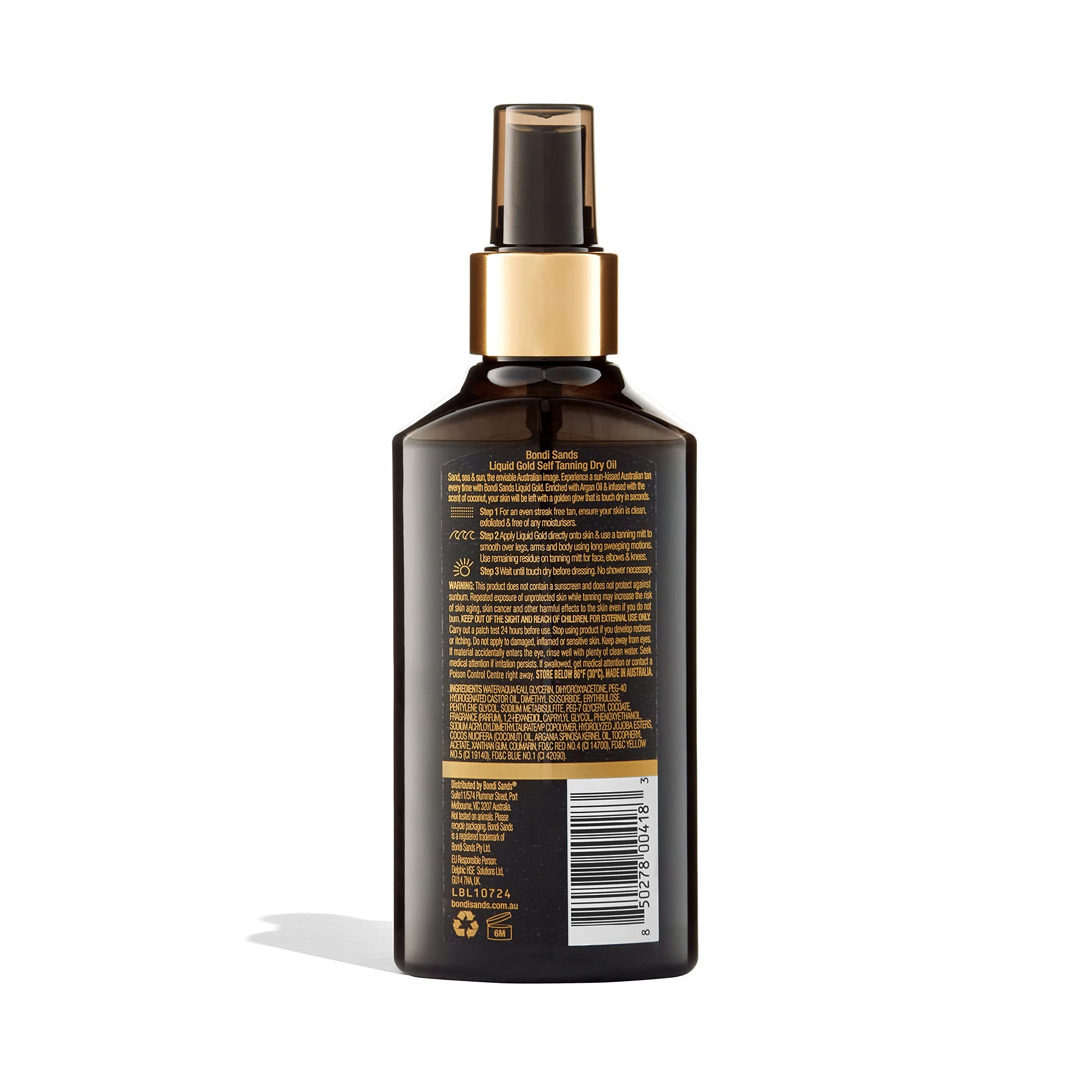Bondi Sands Liquid Gold spray nozzle in action for quick, even application.