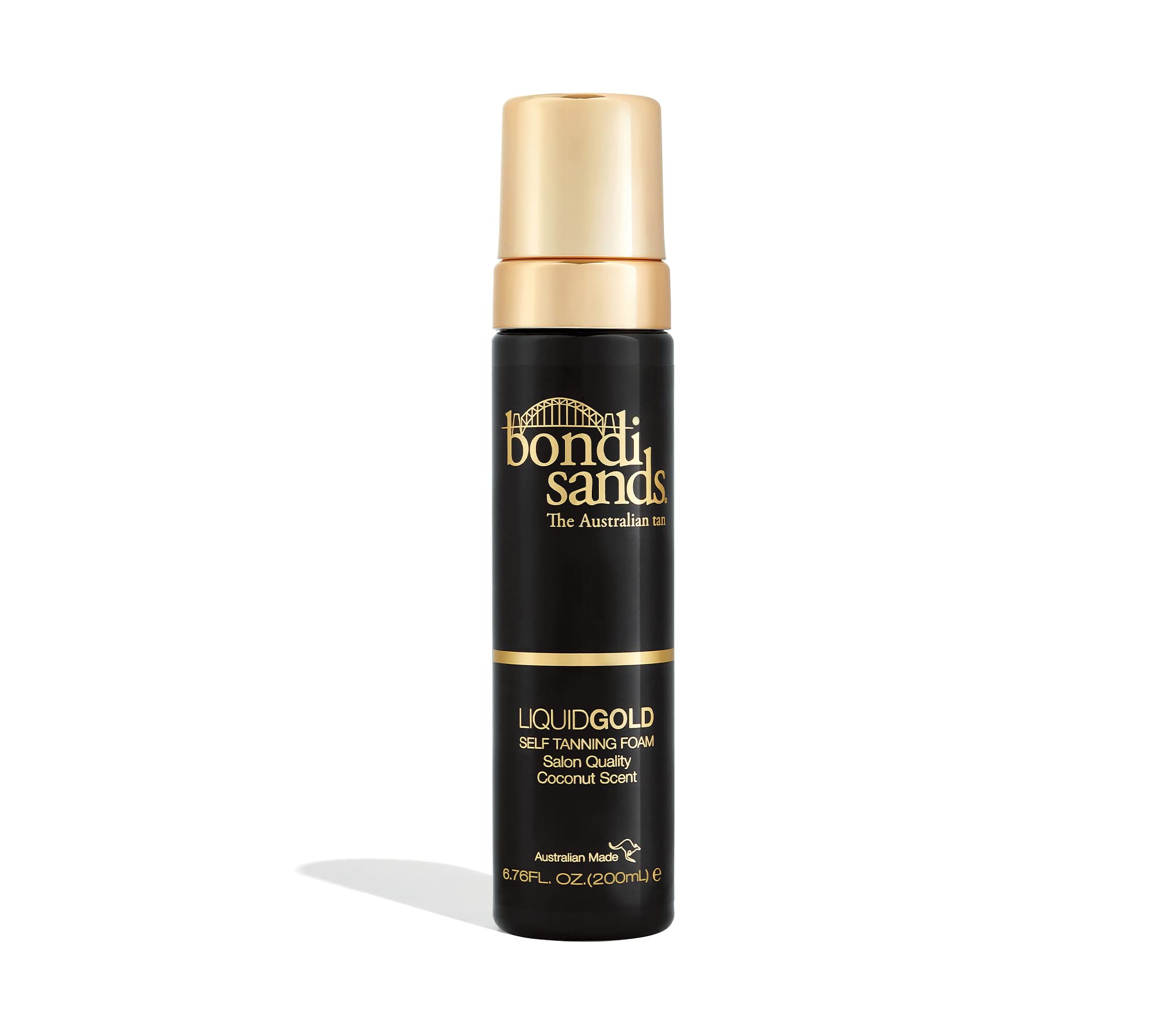 Bondi Sands Liquid Gold self-tanning foam bottle showcases hydrating bronze glow potential