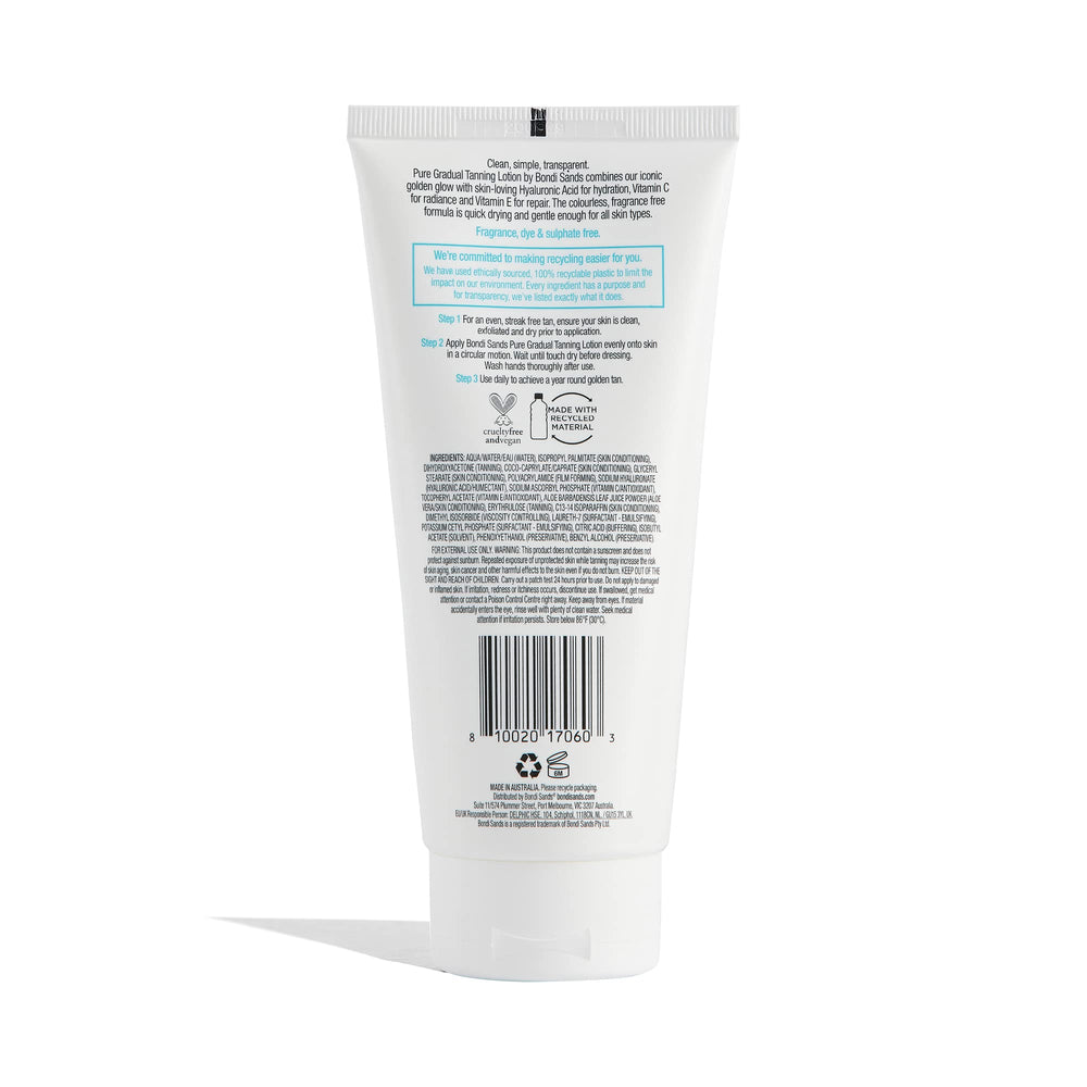 Bondi Sands PURE lotion pump demonstrates a colorless daily formula for buildable bronze.