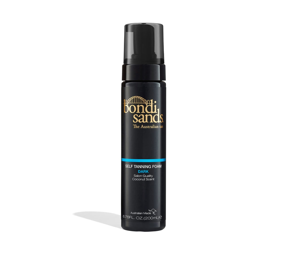 Bondi Sands Self Tanning Foam bottle closeup shows premium, quick-drying formula.