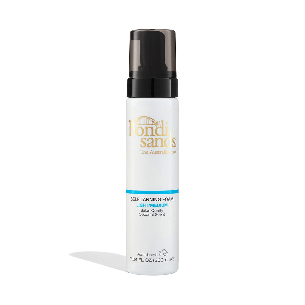Bondi Sands self tanning foam bottle front highlights a lightweight formula for an even bronze glow.