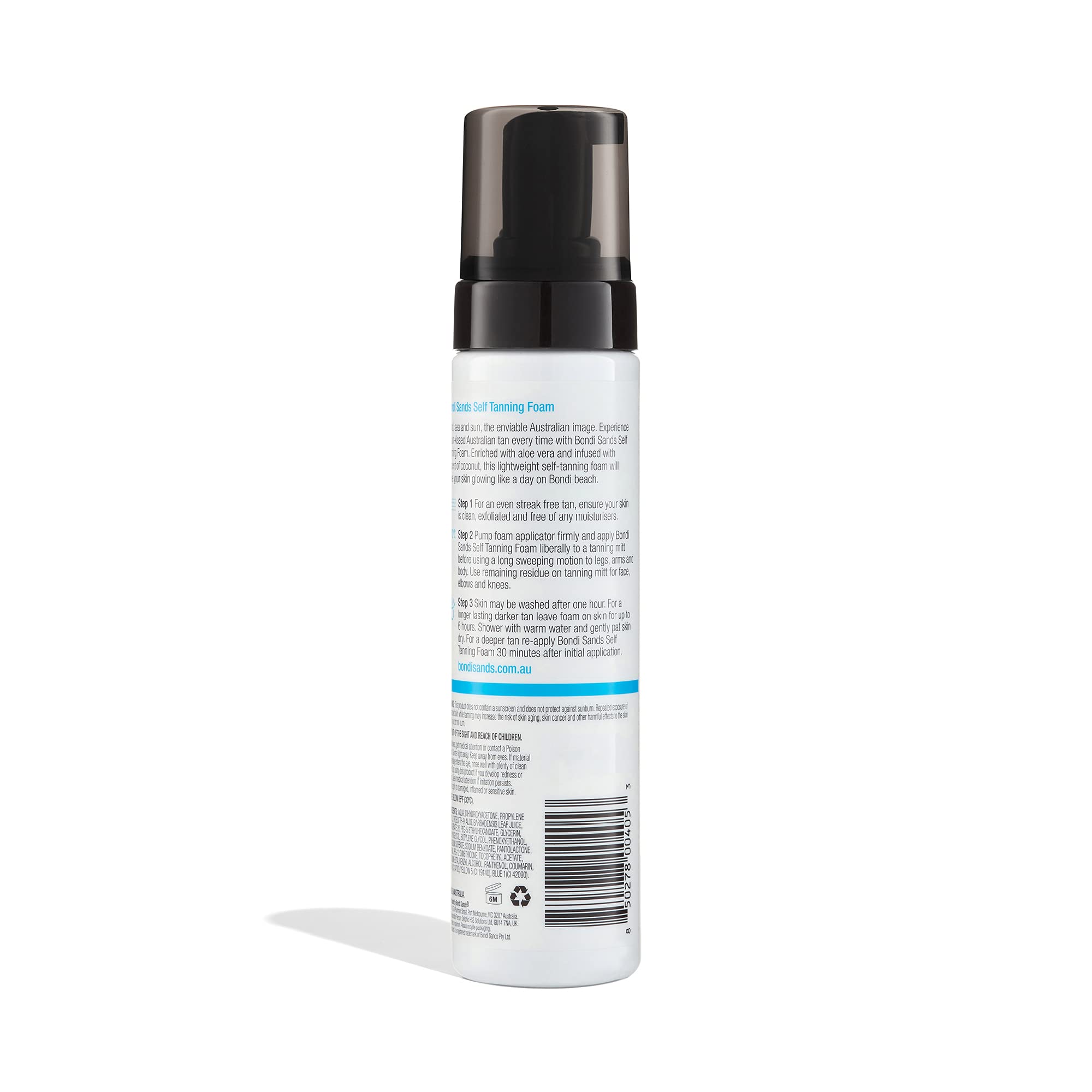 Bondi Sands self tanning foam bottle pour captures smooth, streak-free application in minutes.