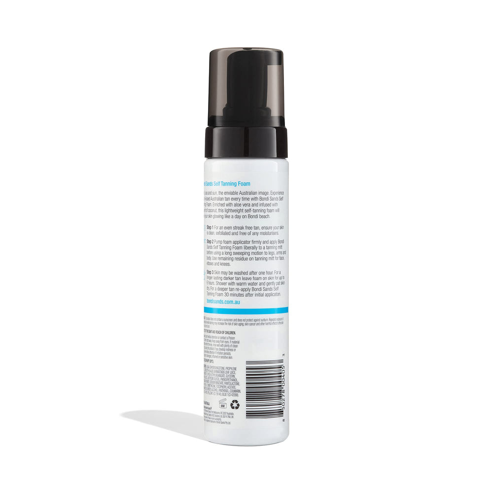 Bondi Sands self tanning foam bottle pour captures smooth, streak-free application in minutes.