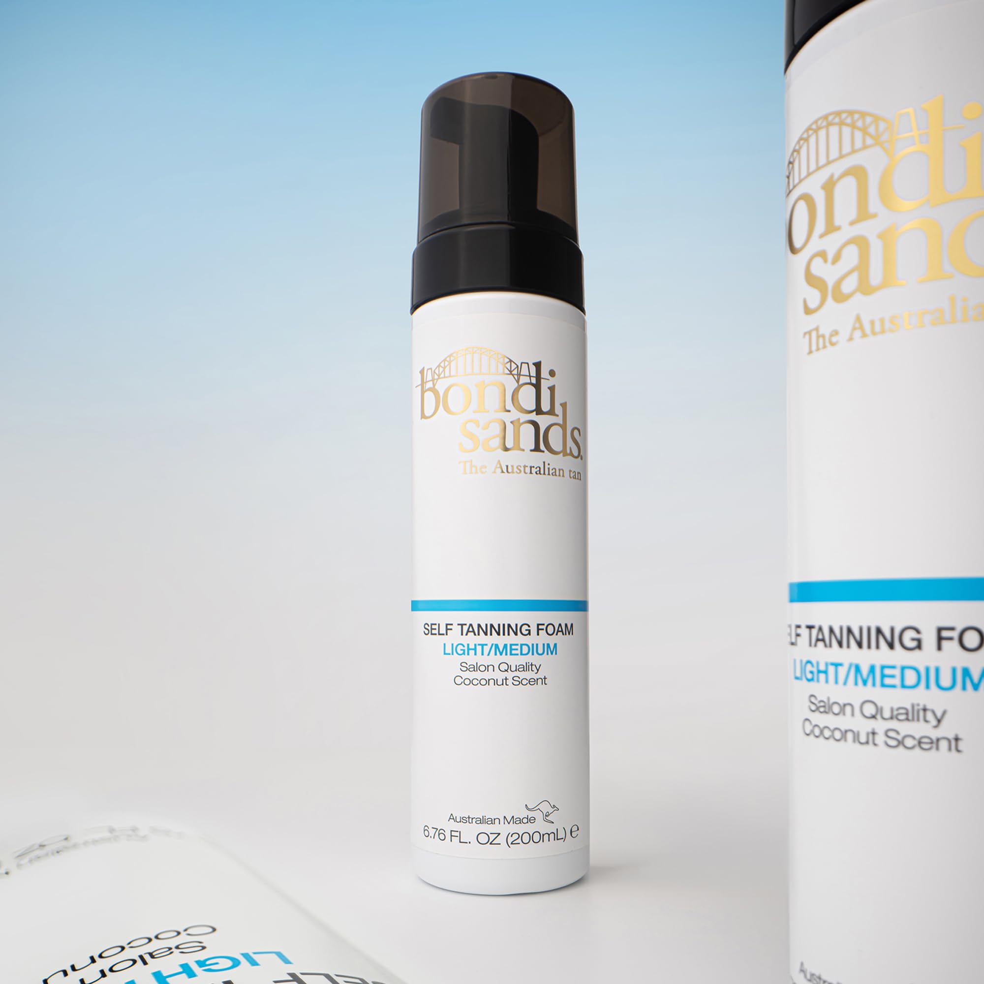 Bondi Sands self tanning foam coverage swipe shows streak-free, natural-looking tan.