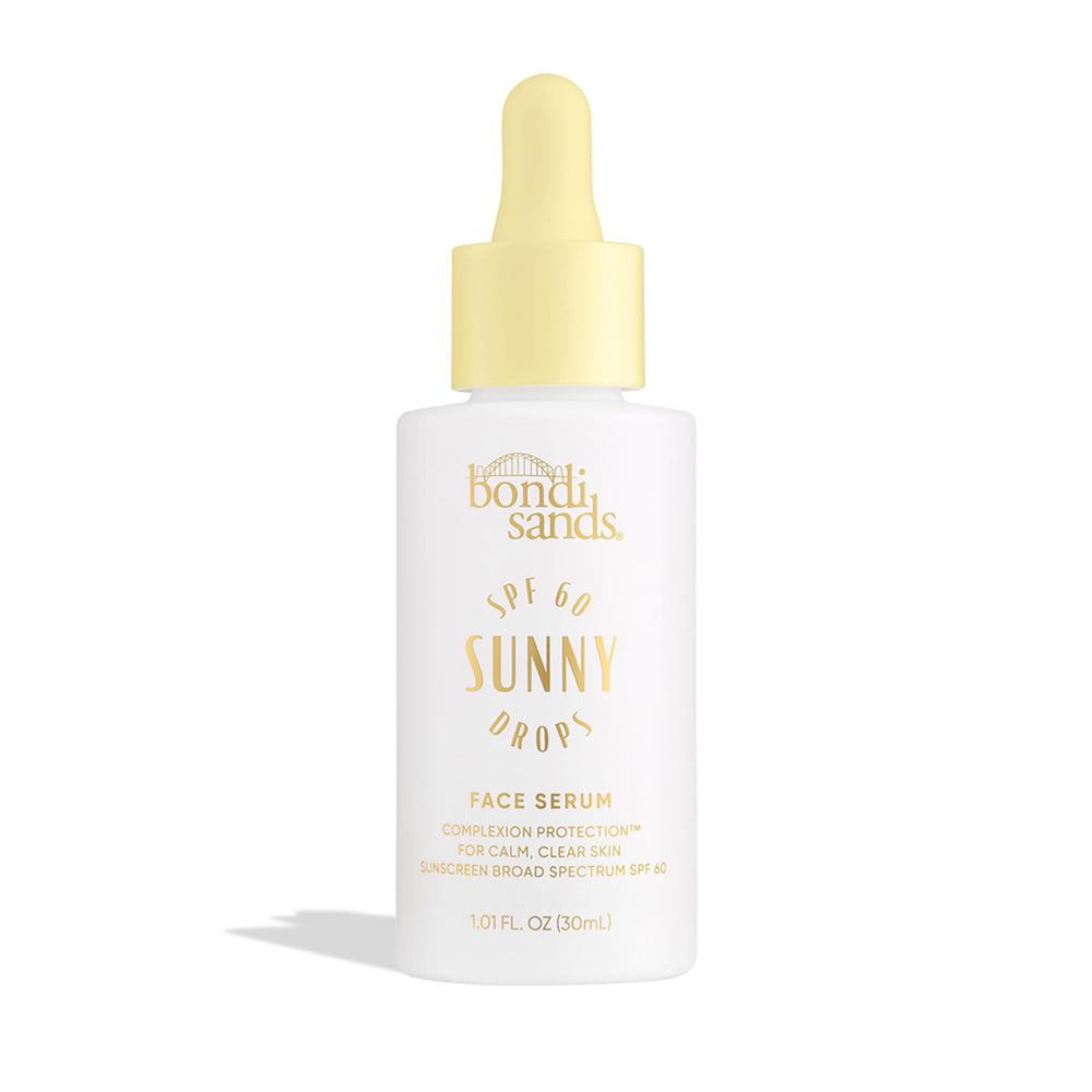 Bondi Sands Sunny Drops SPF 60 bottle shows a lightweight, fragrance-free sun shield for daily protection.