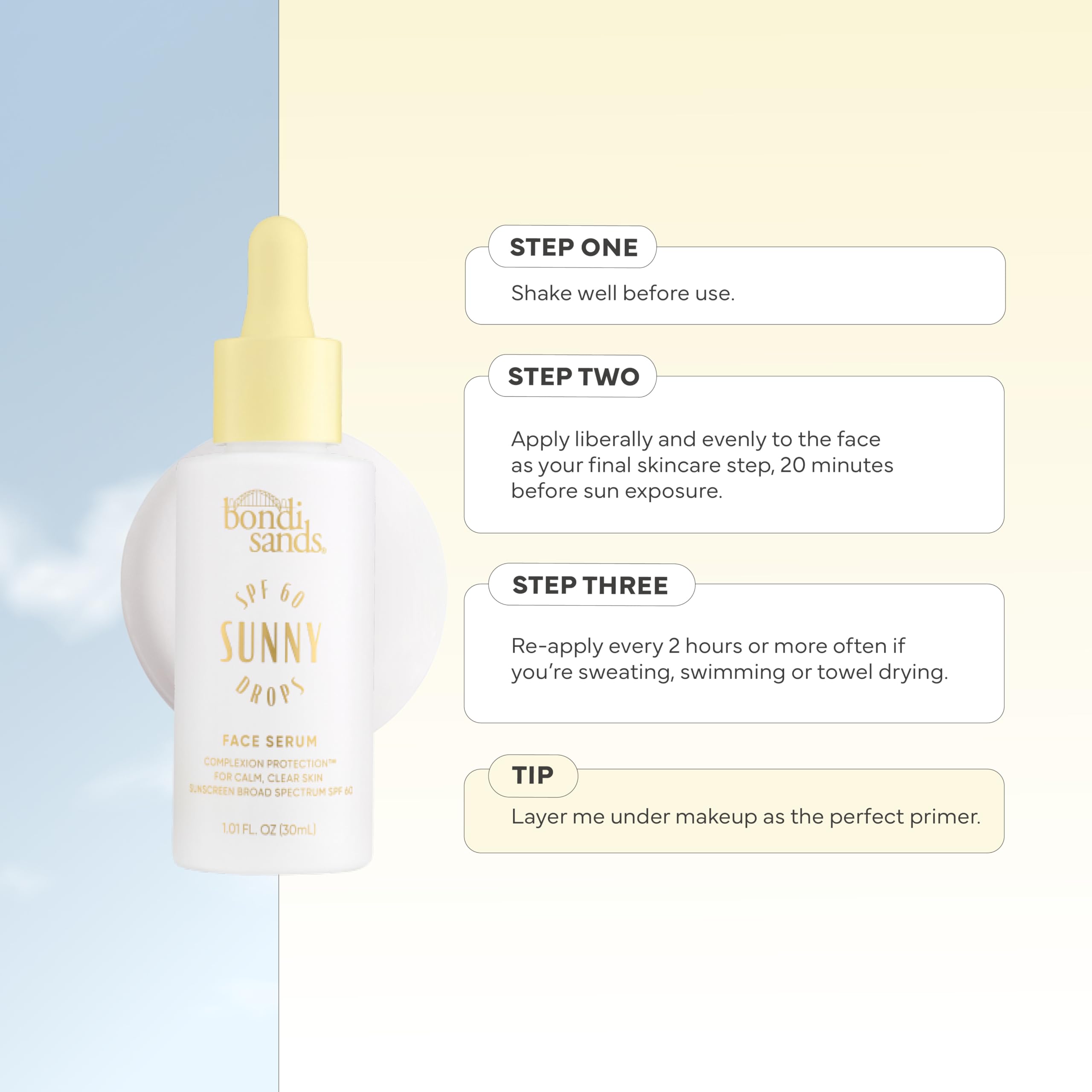 Bondi Sands Sunny Drops SPF 60 contains hibiscus and vitamin E for hydration.