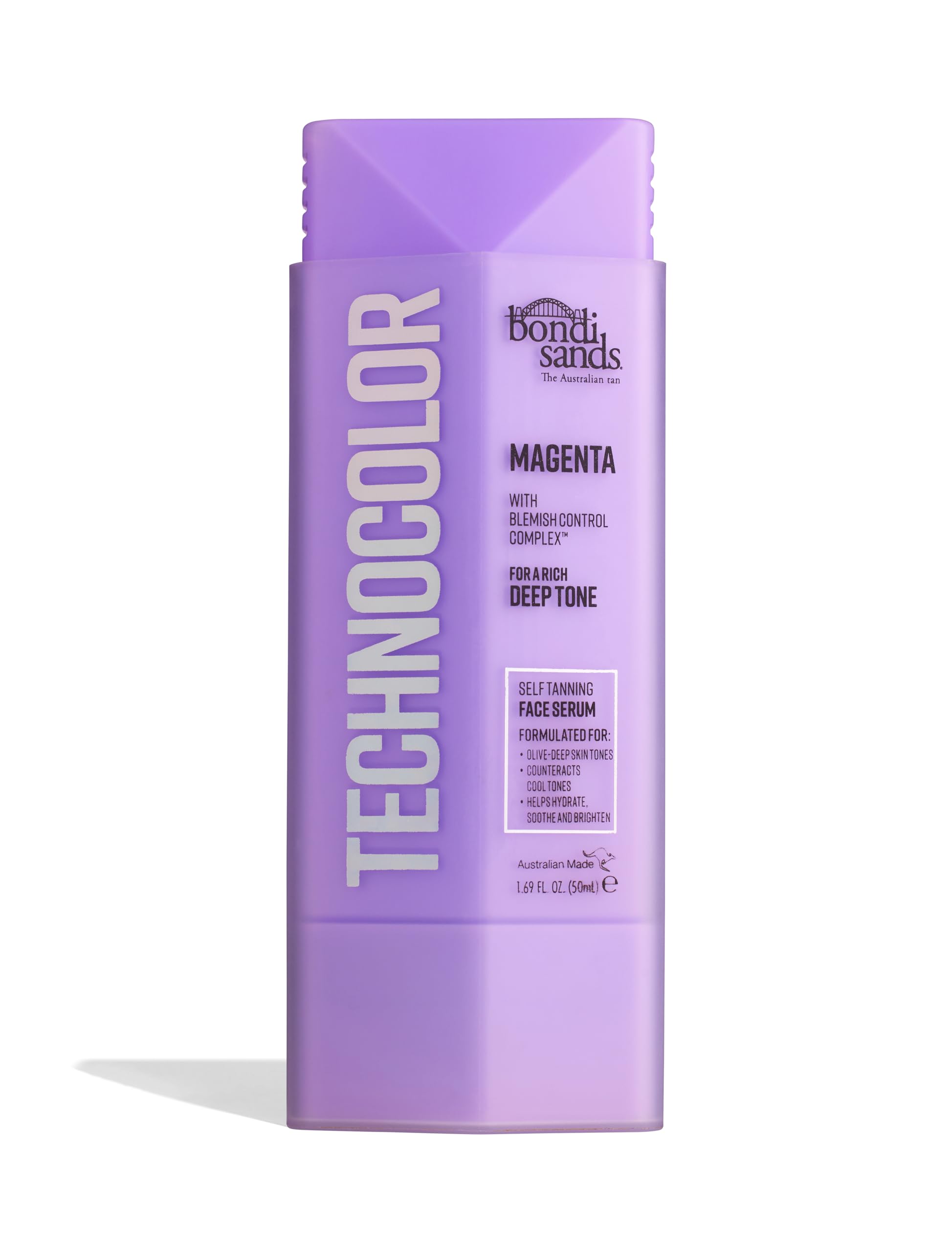 Bondi Sands Technocolor Face Serum bottle with fragrance-free formula for hydrated, natural-looking tan