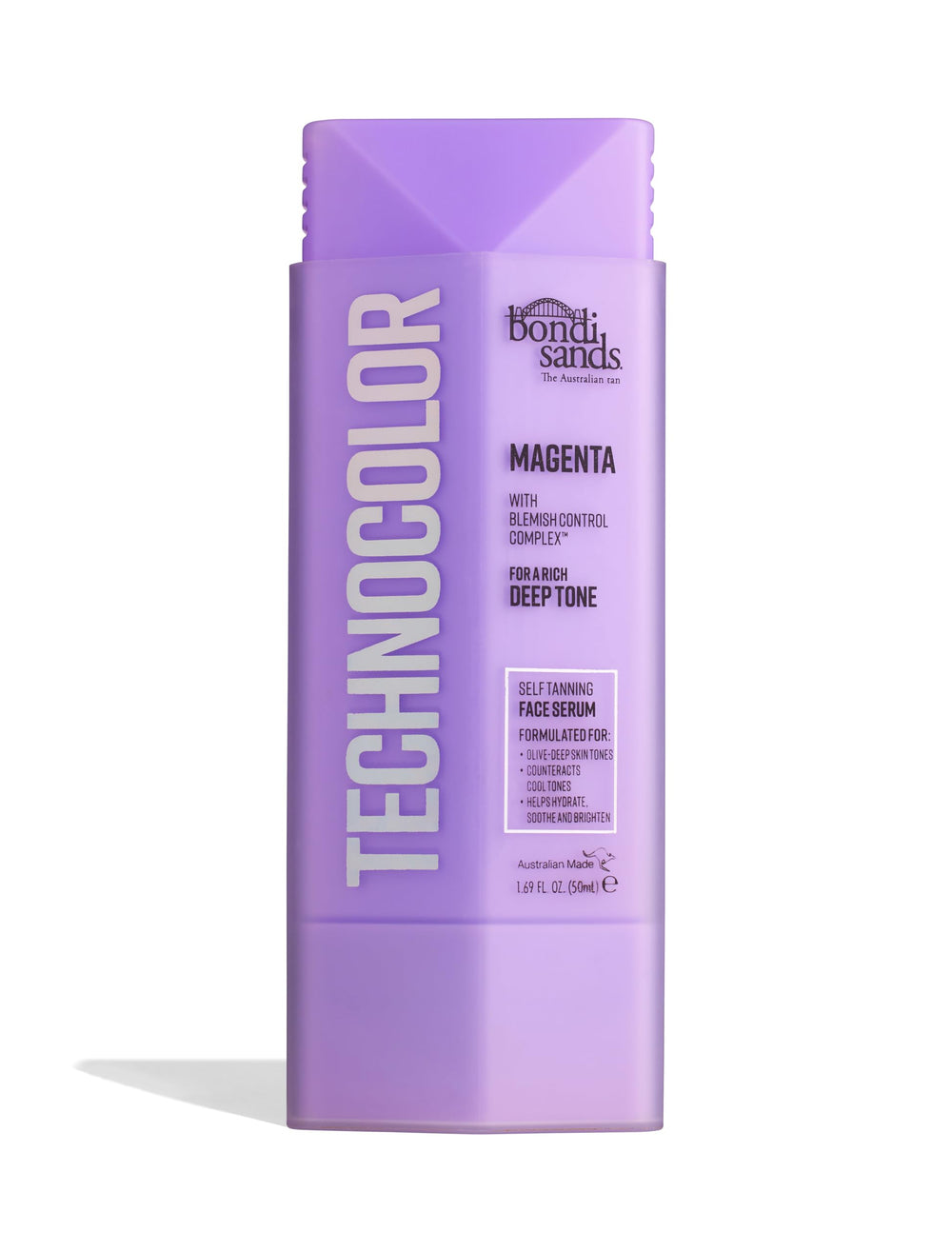 Bondi Sands Technocolor Face Serum bottle with fragrance-free formula for hydrated, natural-looking tan