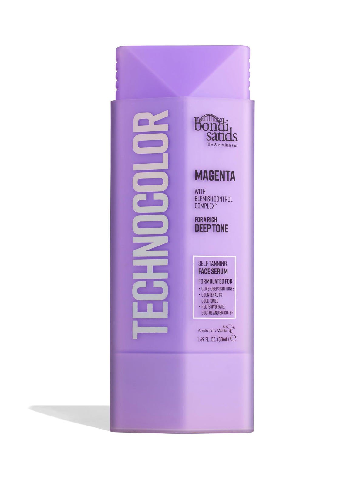 Bondi Sands Technocolor Face Serum bottle with fragrance-free formula for hydrated, natural-looking tan