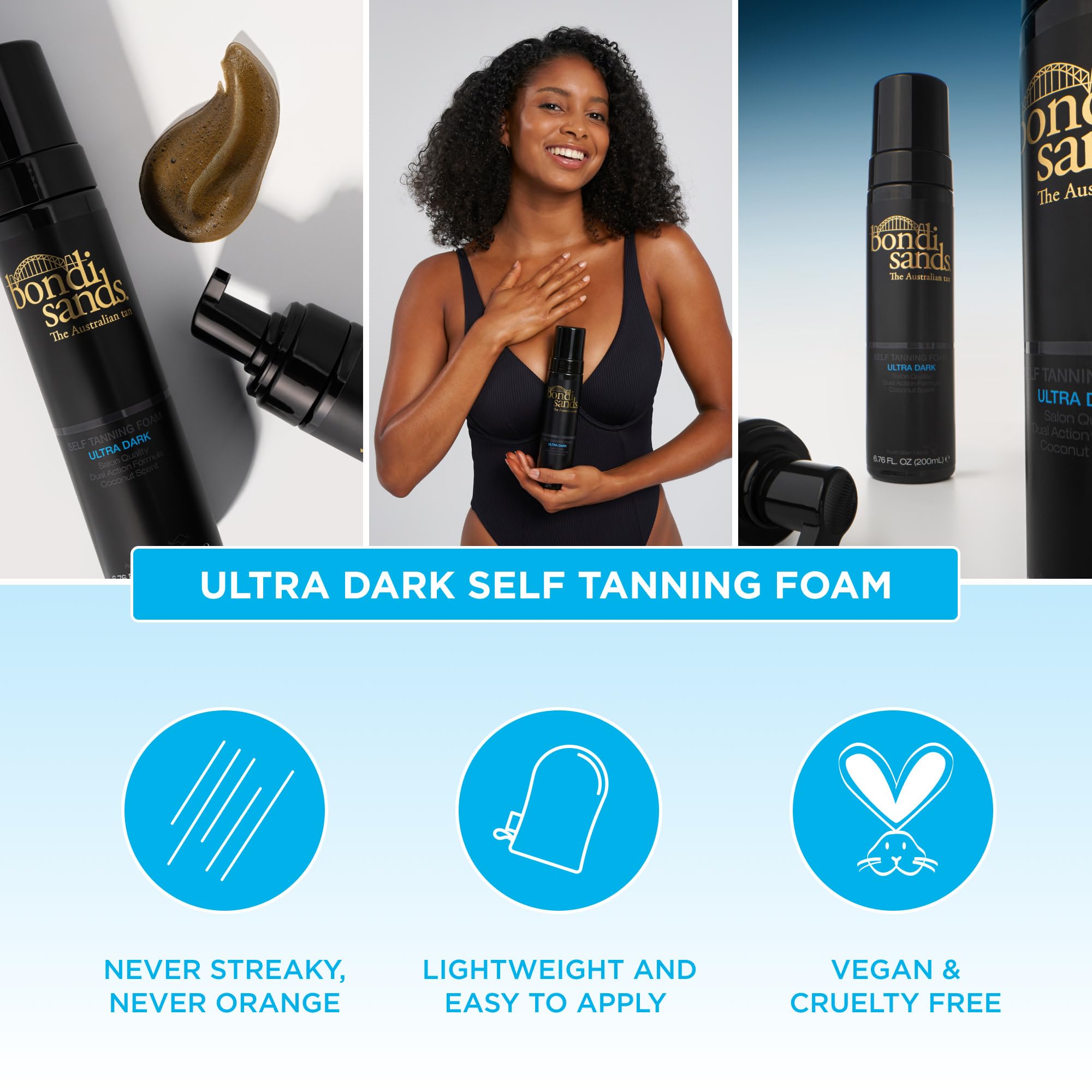 Bondi Sands Ultra Dark foam on skin pre-wash hints at one-hour development option.