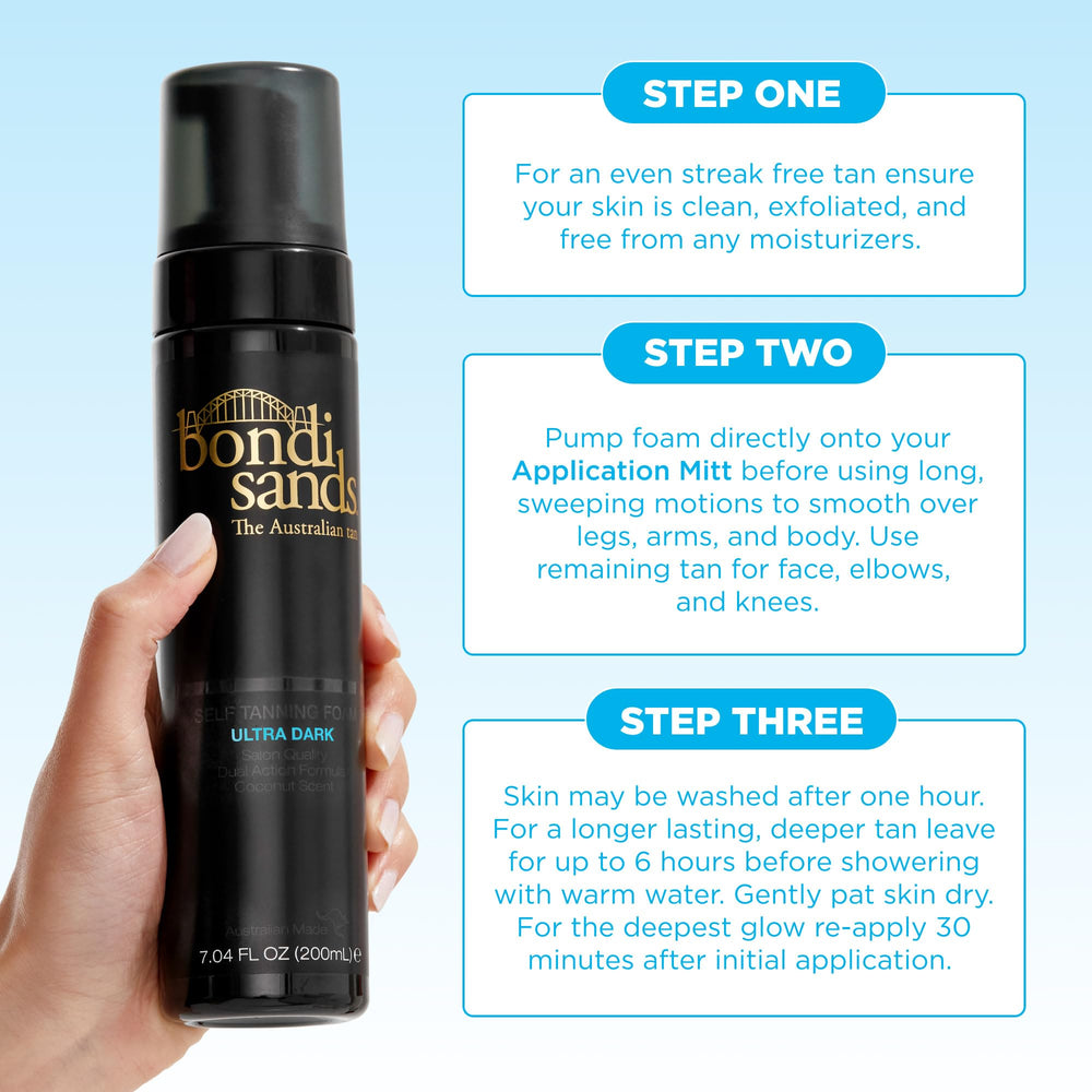 Bondi Sands Ultra Dark bottle with mitt demonstrates value and simple at-home routine.