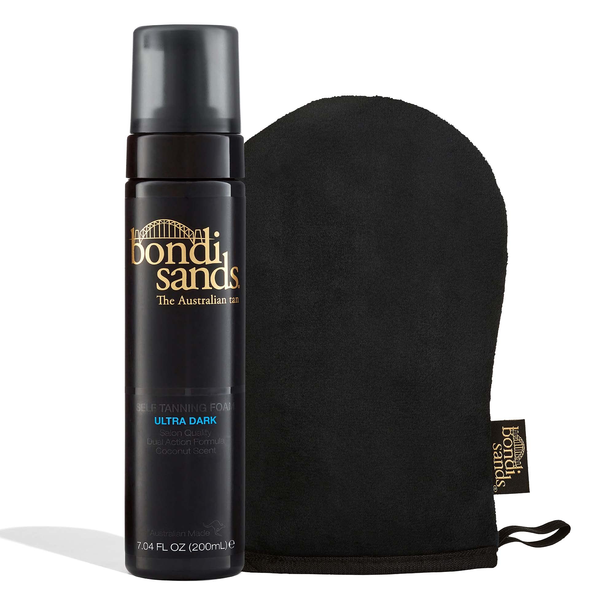 Bondi Sands Ultra Dark foam packaging showcases an easy at-home tanning kit for beginners.