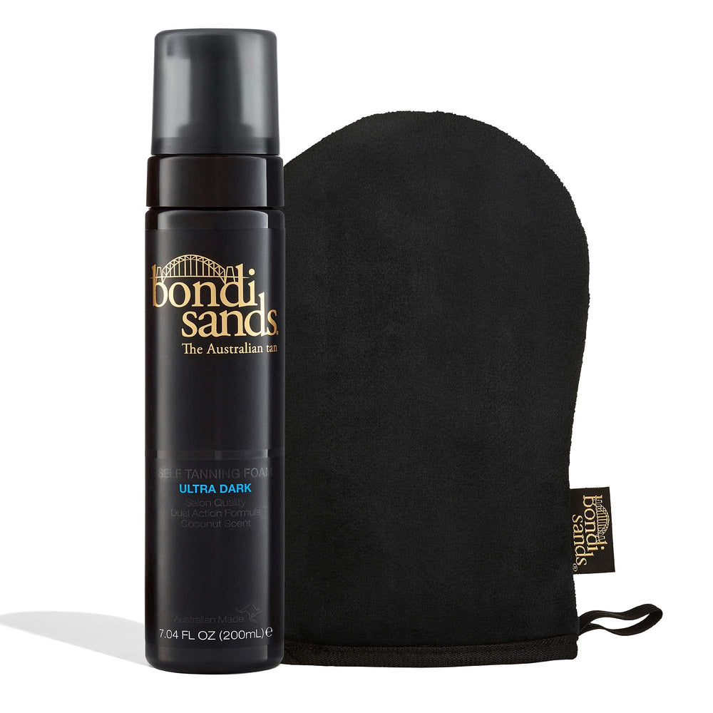 Bondi Sands Ultra Dark foam packaging showcases an easy at-home tanning kit for beginners.