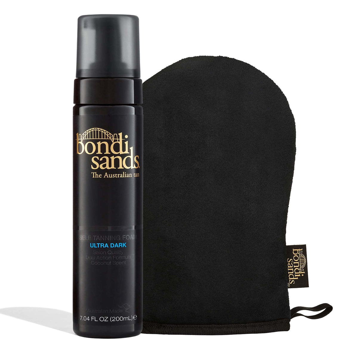 Bondi Sands Ultra Dark foam packaging showcases an easy at-home tanning kit for beginners.