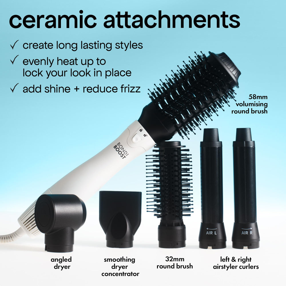 BondiBoost 6-in-1 Everlast Styler angled dryer shows directional rough-dry control.