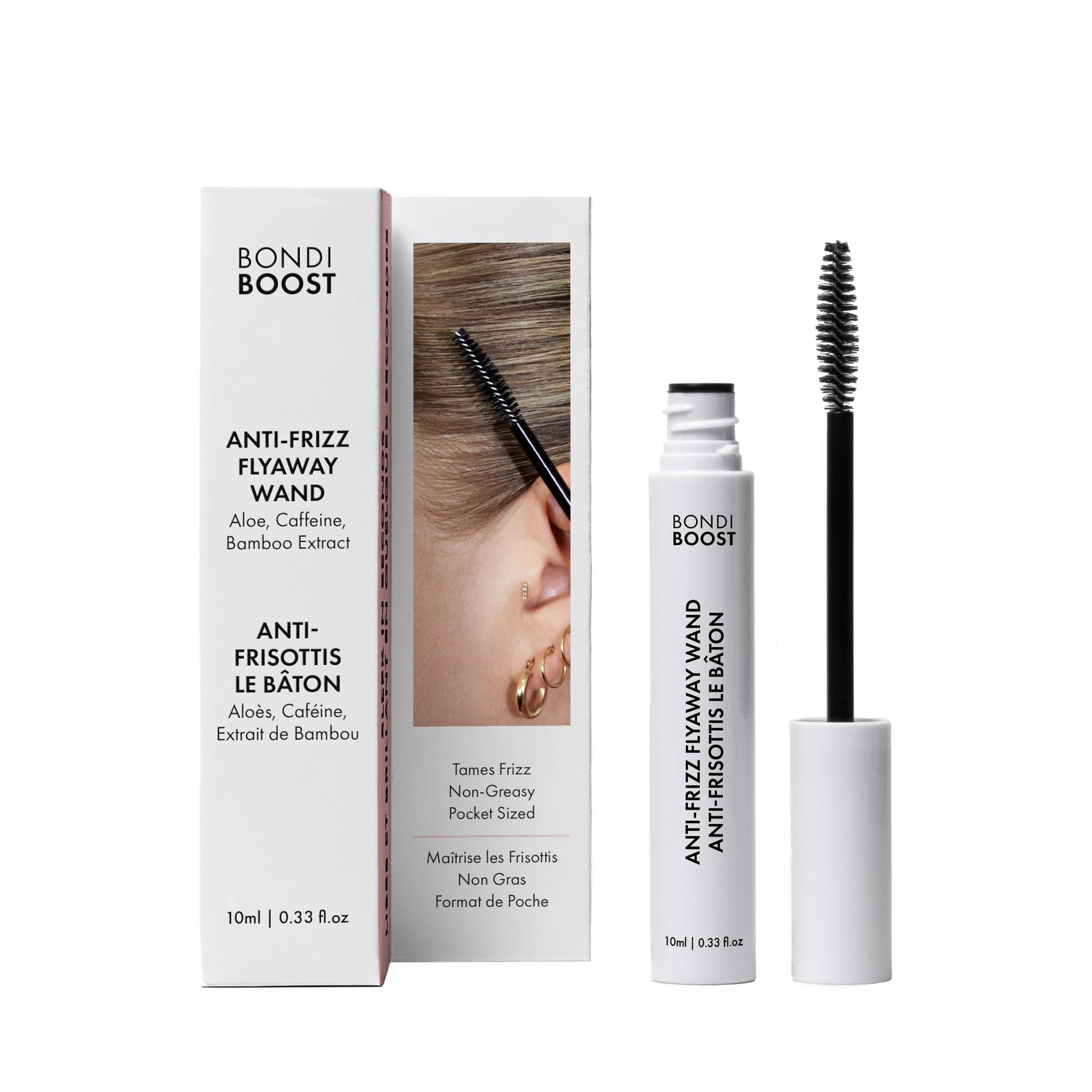 BONDIBOOST Anti Frizz Wand application swipe tames flyaways instantly for a sleek look.