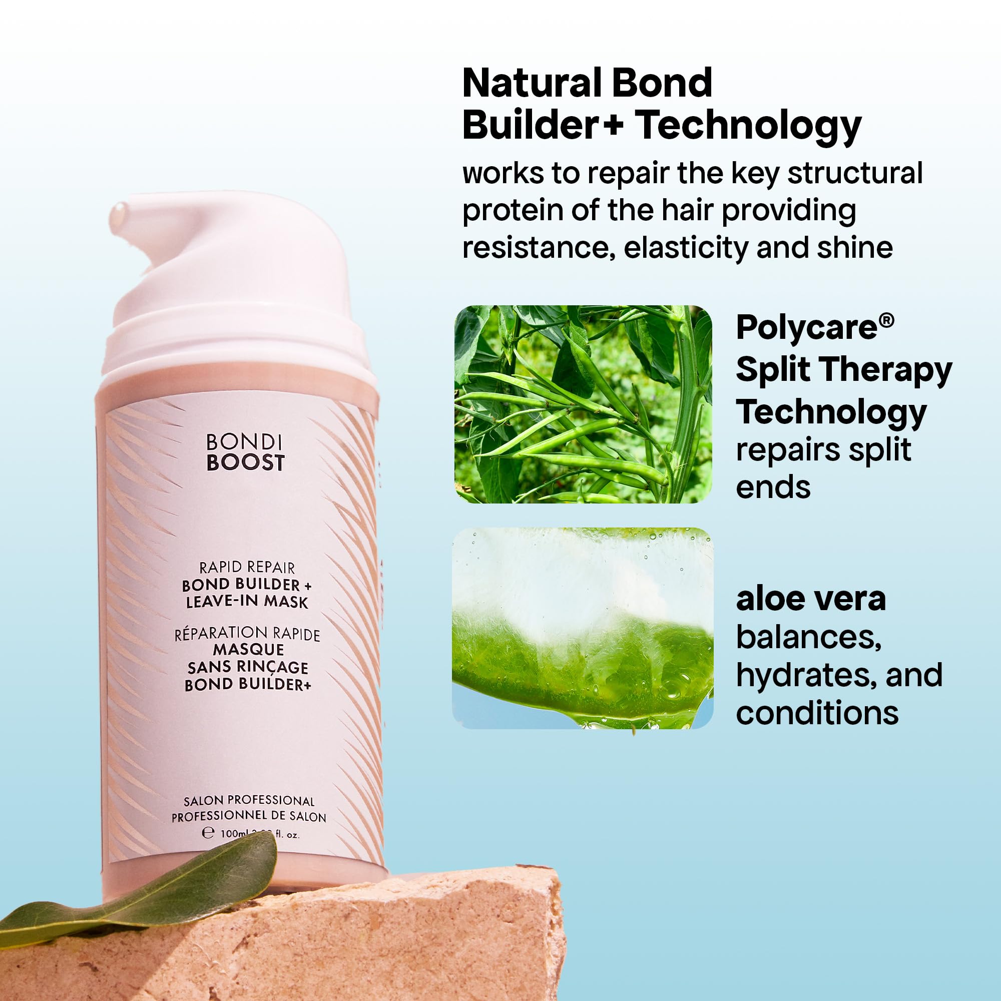 BONDIBOOST bottle label and ingredient list visible, communicates clean and vegan benefit
