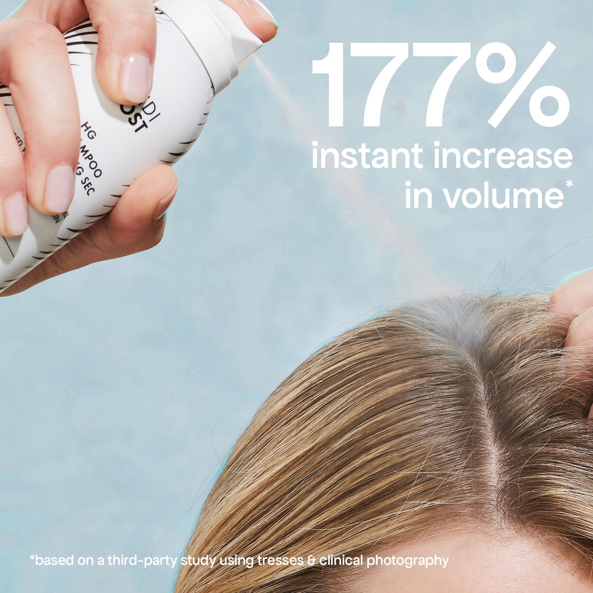 BondiBoost HG Dry Shampoo label shows benzene-free, talc-free clean formula.