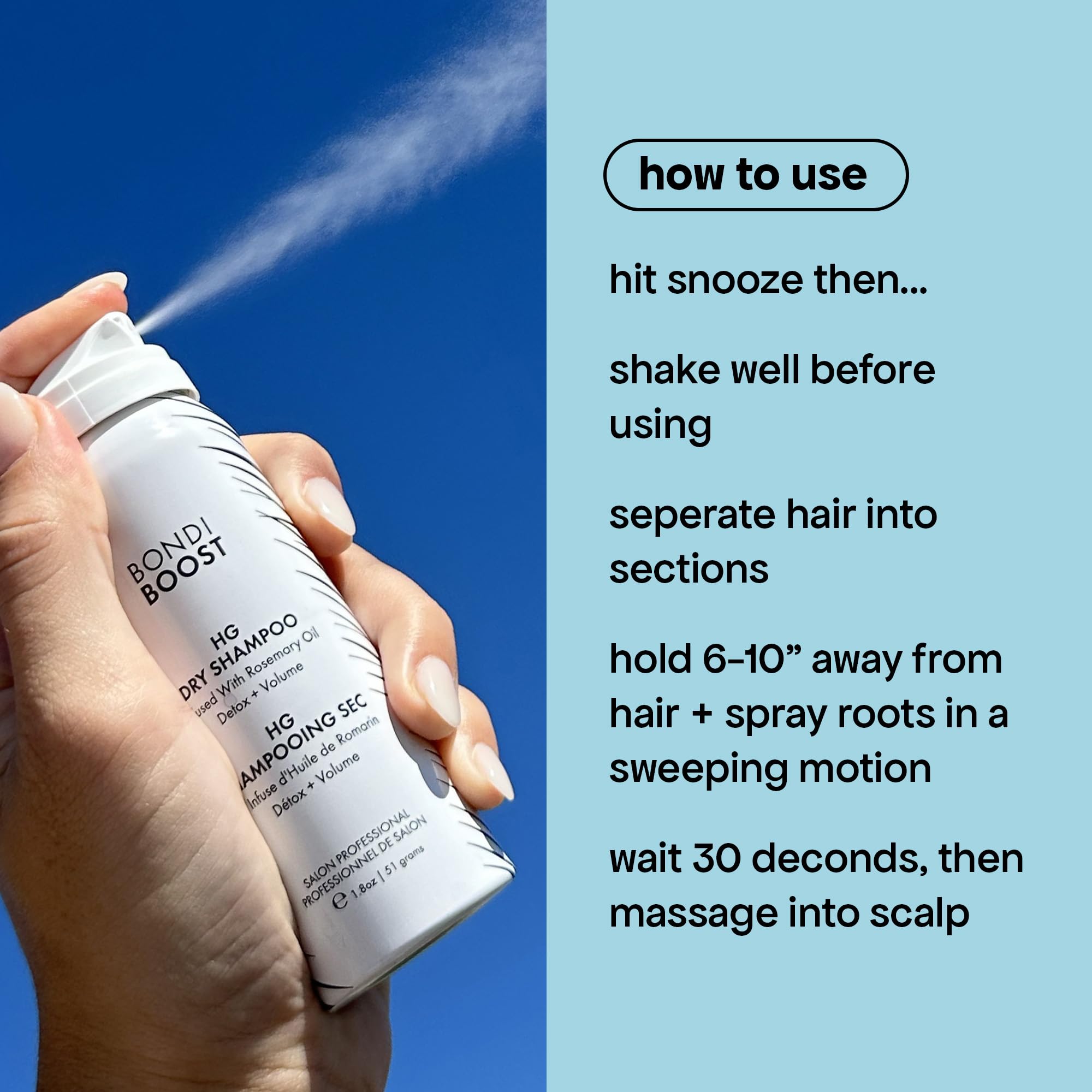 BondiBoost HG Dry Shampoo on damp roots demonstrates lift and refreshed feel.