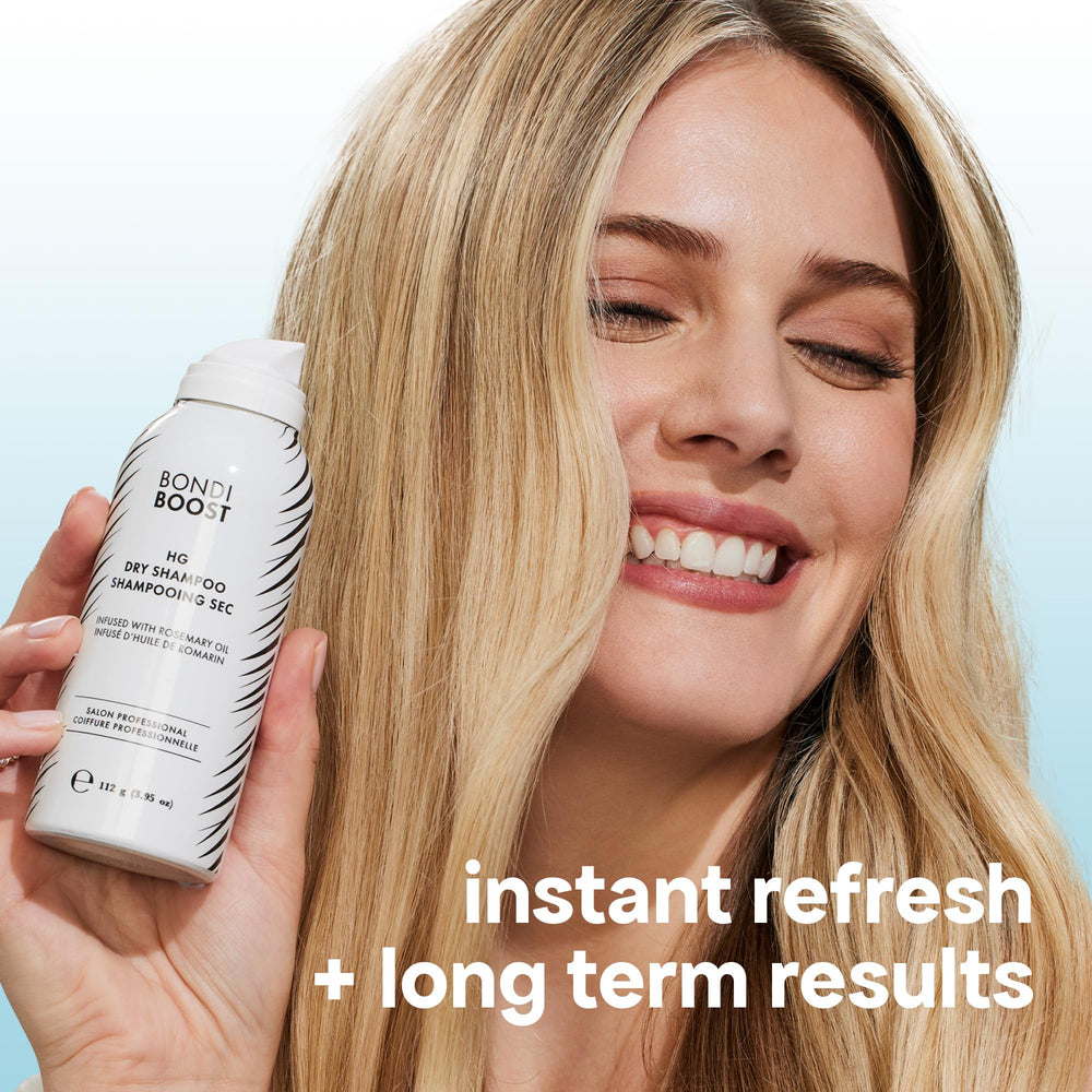 BondiBoost HG Dry Shampoo with rosemary imagery emphasizes scalp-refreshing botanical support.