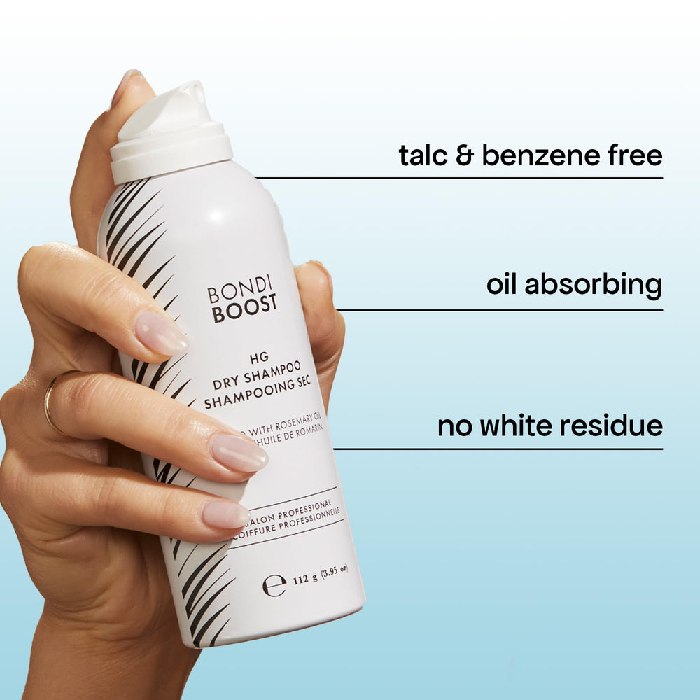 BondiBoost HG Dry Shampoo spray application demonstrates root refresh without water.
