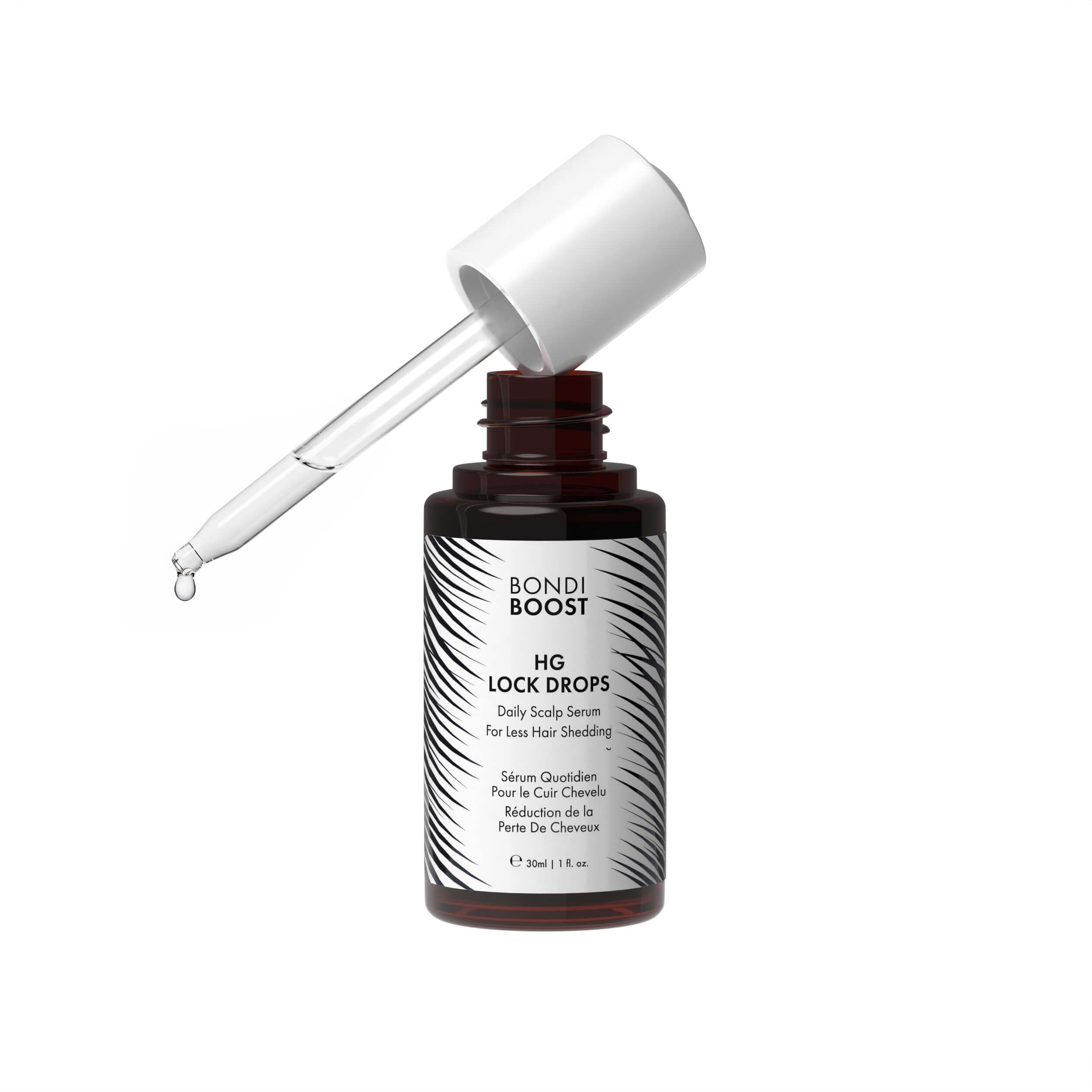 BondiBoost HG Lock Drops bottle pour showing weightless, quick-absorbing scalp serum
