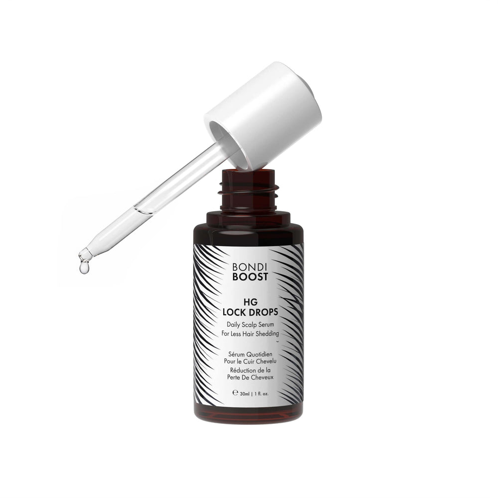 BondiBoost HG Lock Drops bottle pour showing weightless, quick-absorbing scalp serum