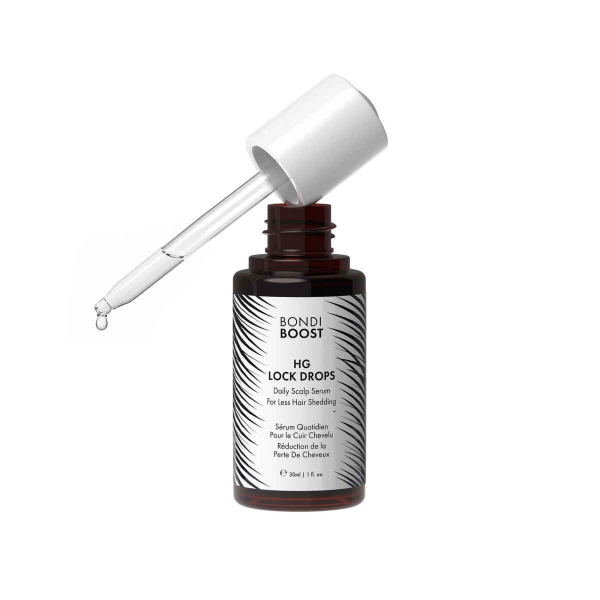 BondiBoost HG Lock Drops bottle pour showing weightless, quick-absorbing scalp serum