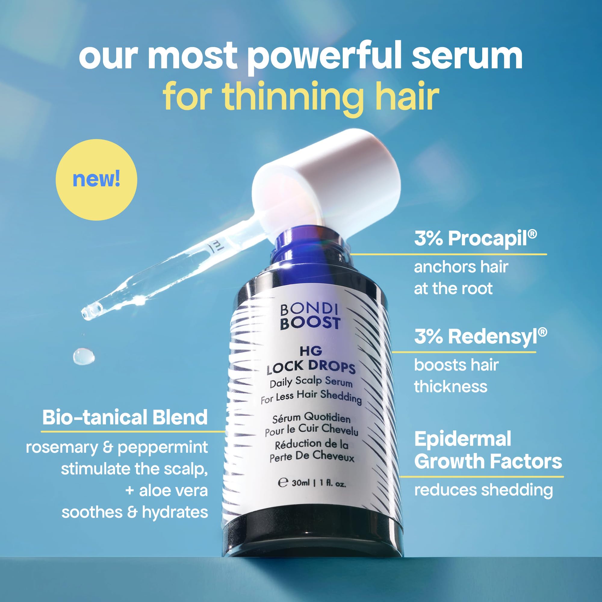 BondiBoost dropper close-up dispensing serum and highlighting precise application