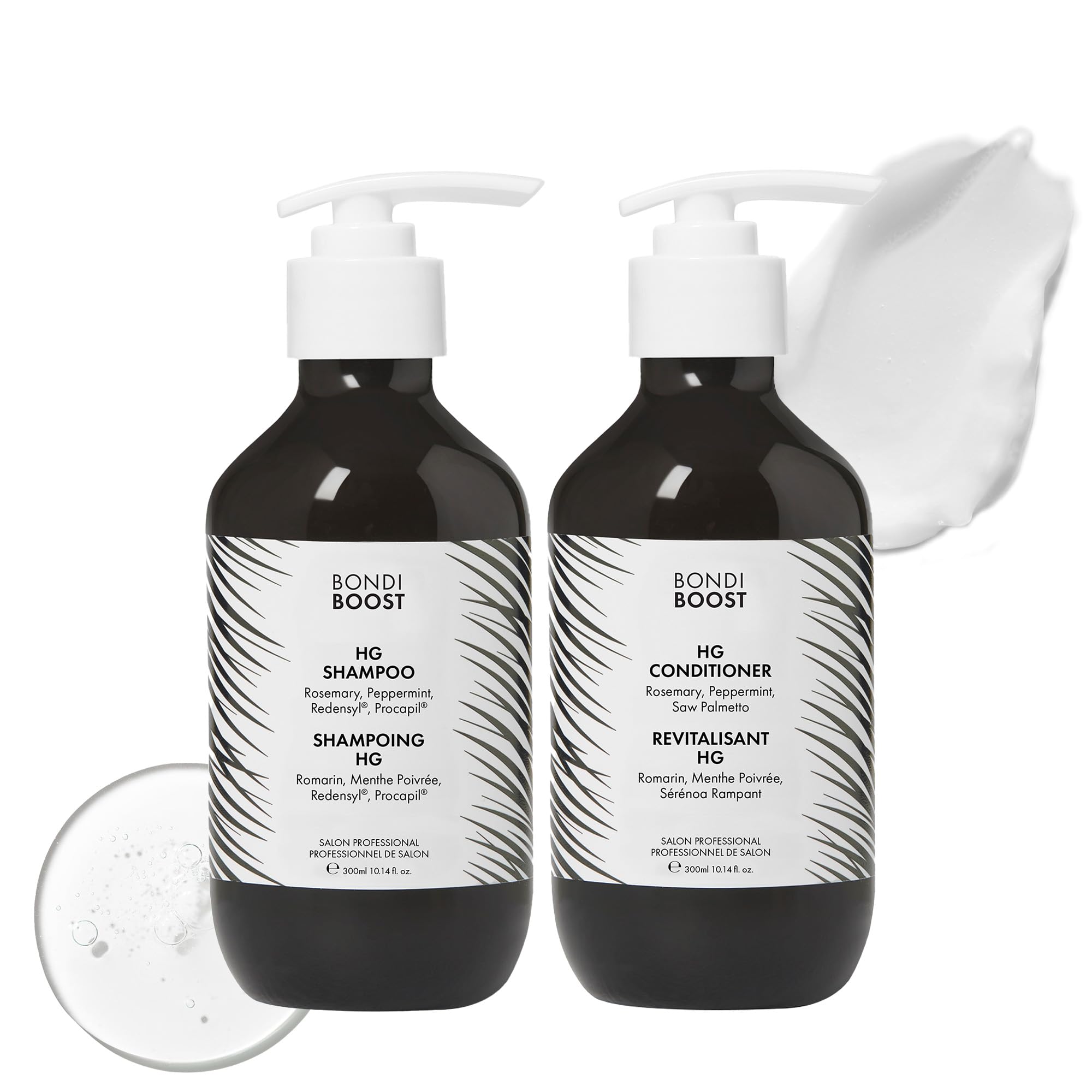 BondiBoost HG anti-thinning shampoo bottle close-up highlighting vegan formula for daily use.