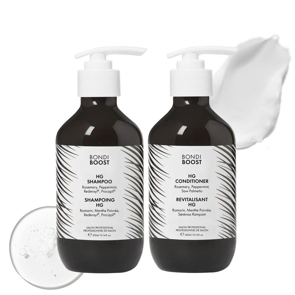 BondiBoost HG anti-thinning shampoo bottle close-up highlighting vegan formula for daily use.