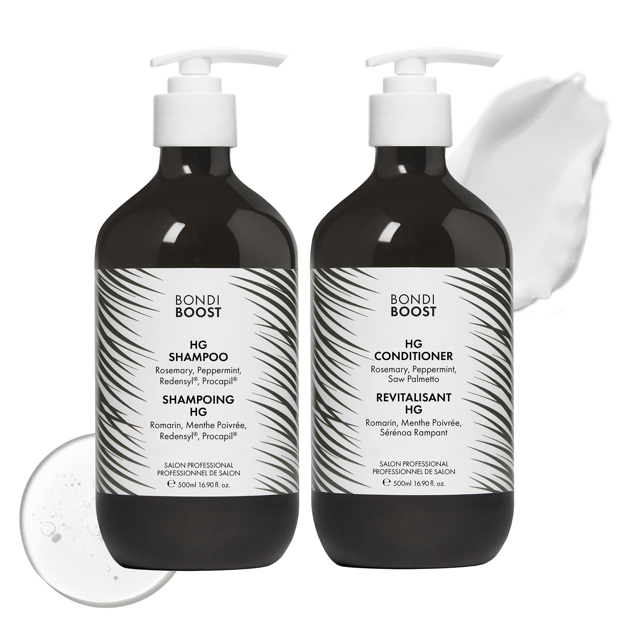 BondiBoost HG shampoo bottle showing fuller-looking hair benefits.