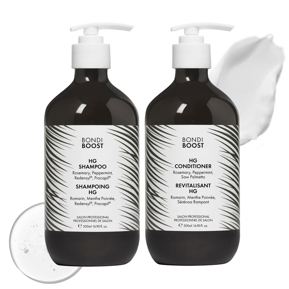 BondiBoost HG shampoo bottle showing fuller-looking hair benefits.