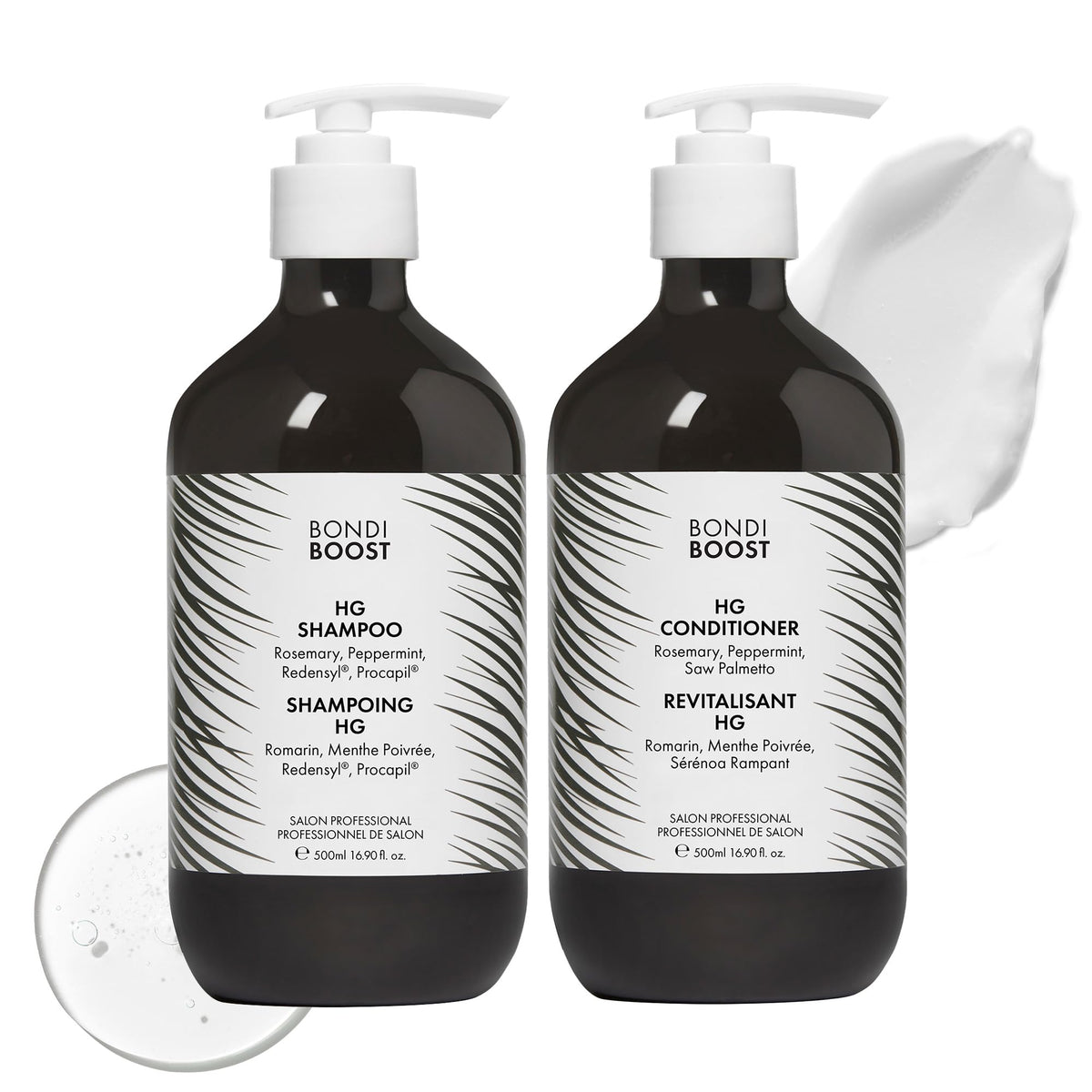 BondiBoost HG shampoo bottle showing fuller-looking hair benefits.