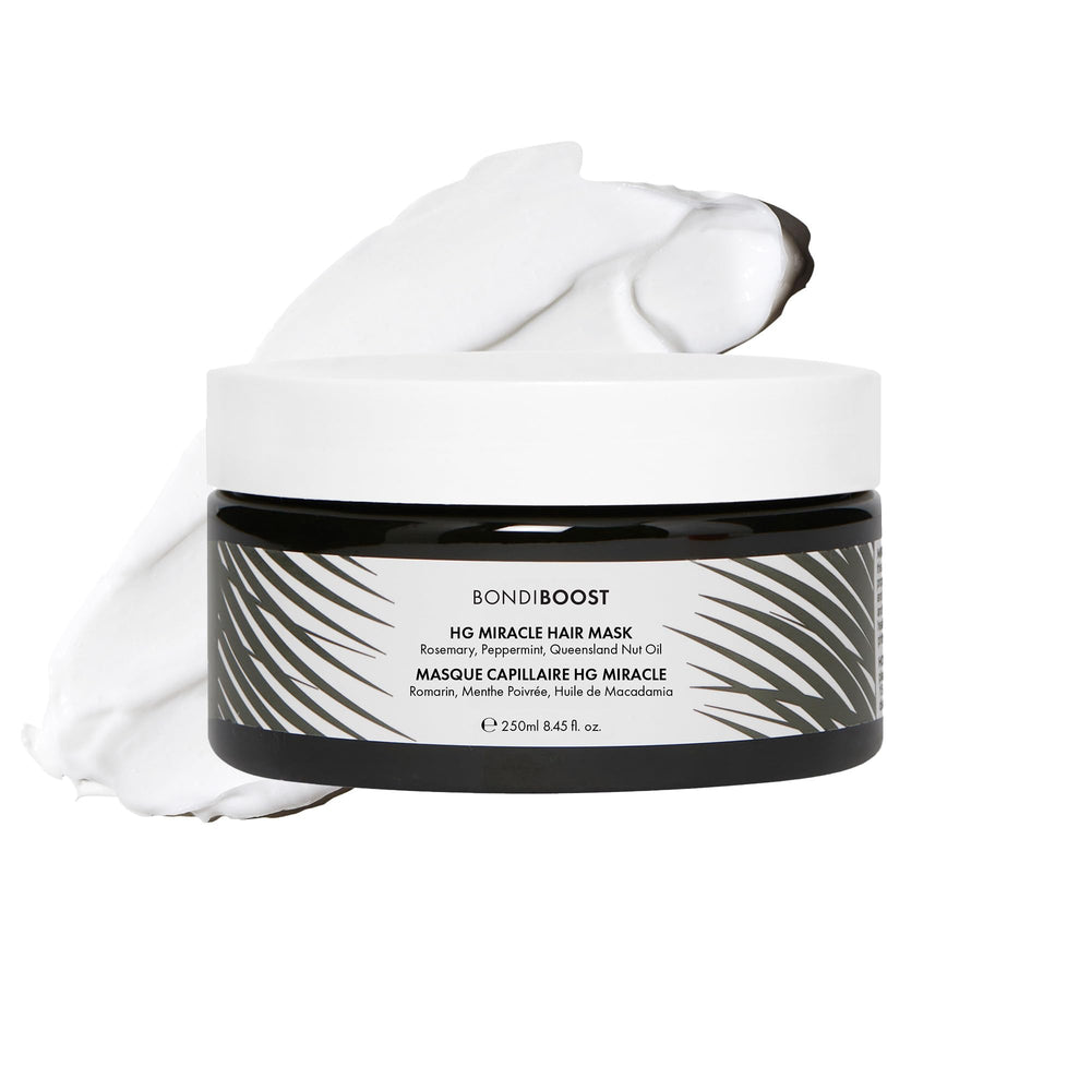 BONDIBOOST Miracle Hair Mask bottle pouring for salon-grade hydration and shine.