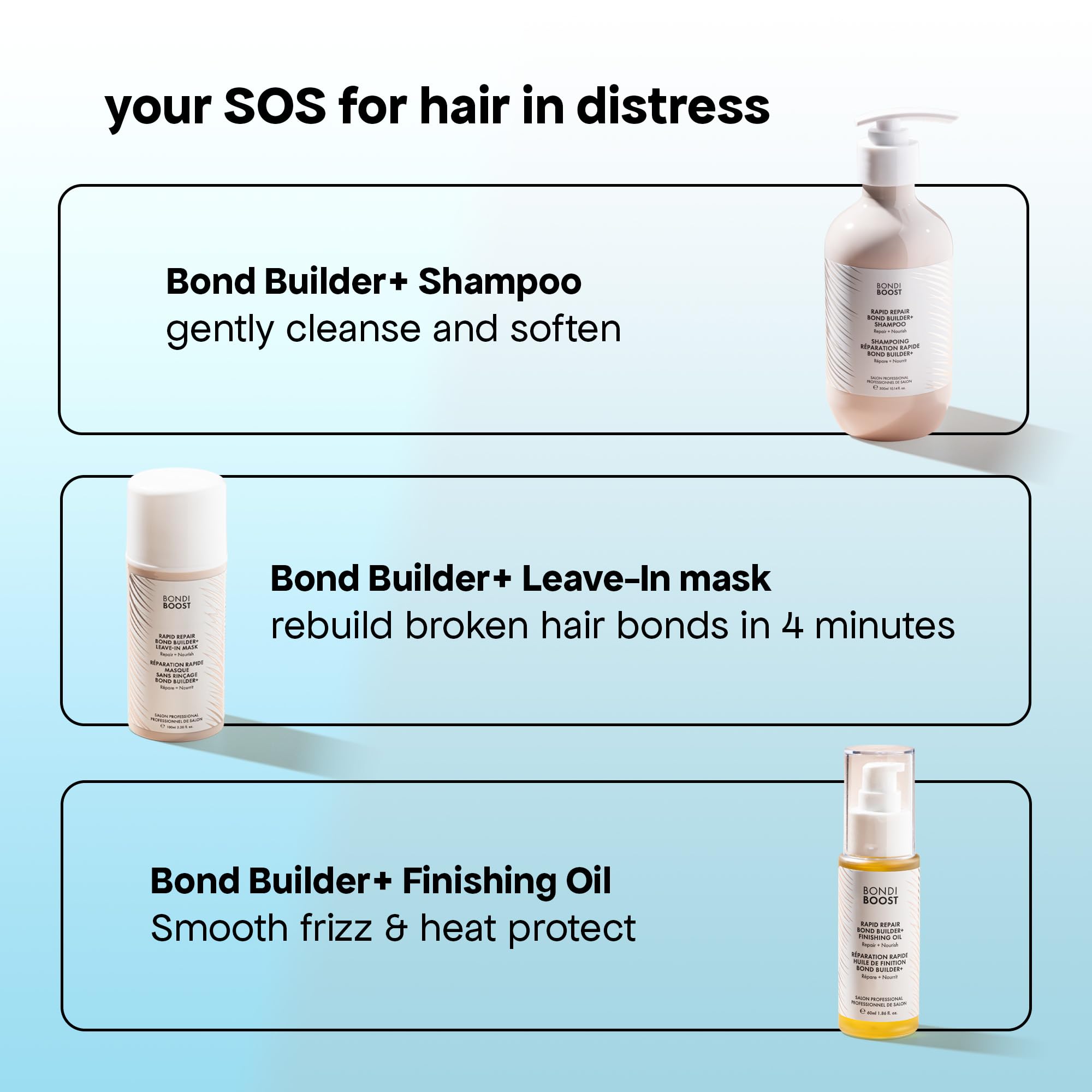 BONDIBOOST Polycare Split Therapy tech visual hints at mending split ends.