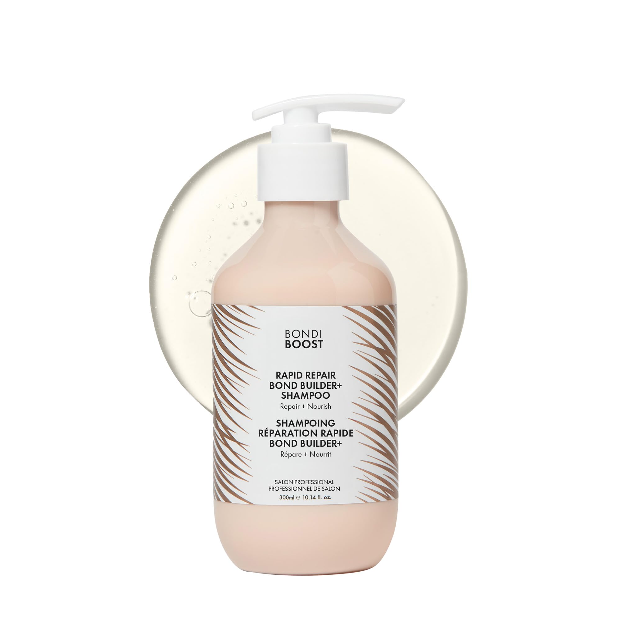 BondiBoost Rapid Repair Bond Builder bottle shows rejuvenated hair with strengthened bonds for resilient strands.